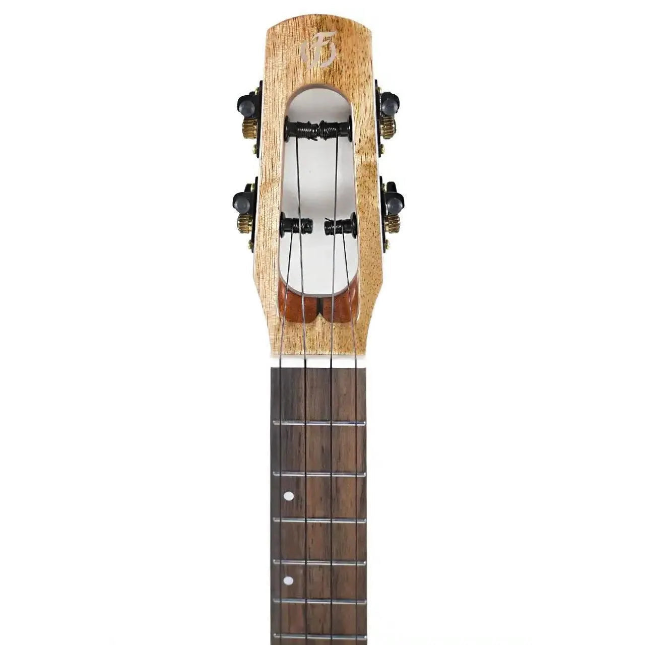 Flight Fireball EQ-A Tenor Ukulele headstock and fretboard, showing light mango wood and dark tuners.