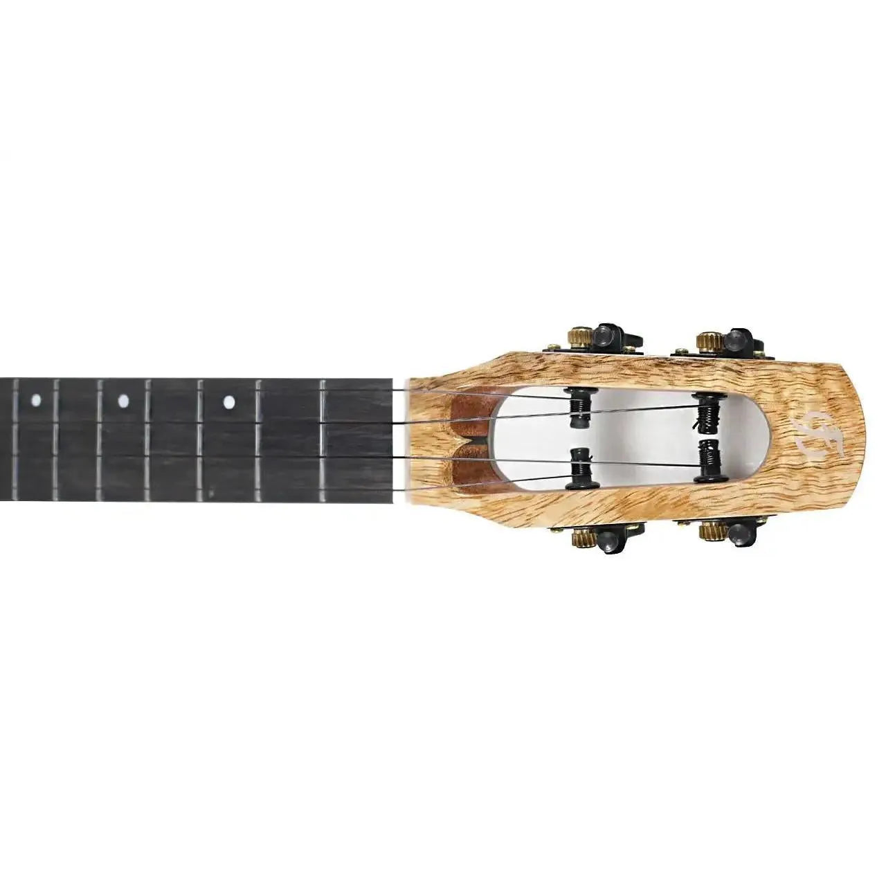 Flight Fireball EQ-A Tenor Ukulele headstock and fretboard, showing solid mango wood grain and black tuners.