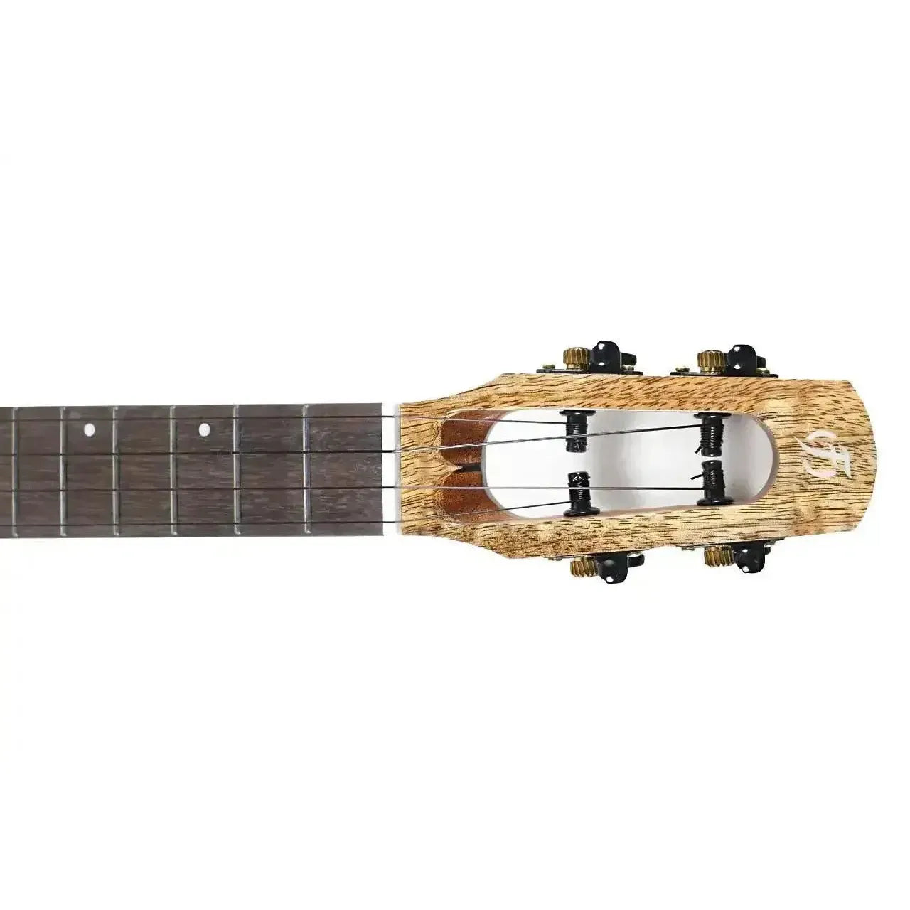 Flight Fireball EQ-A tenor ukulele headstock and fretboard, showing solid mango wood with black tuners.