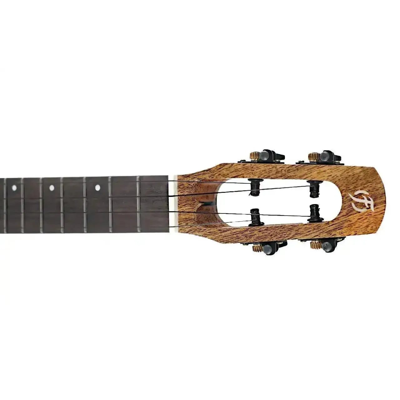 Flight Fireball EQ-A Tenor Ukulele headstock and fretboard, showing solid mango wood and black tuners.