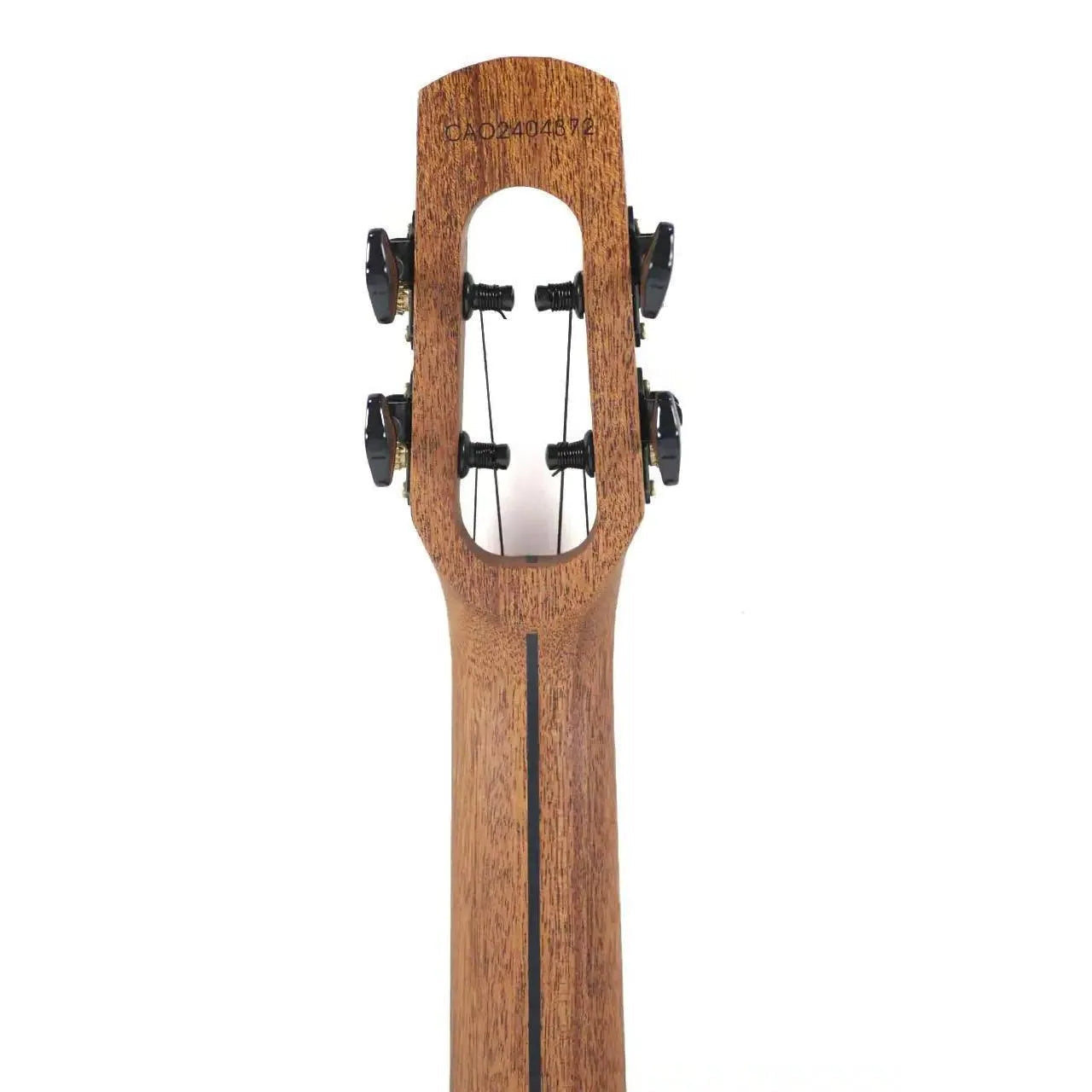 Flight Fireball EQ-A Tenor Ukulele headstock and neck, showing dark wood with black tuners.