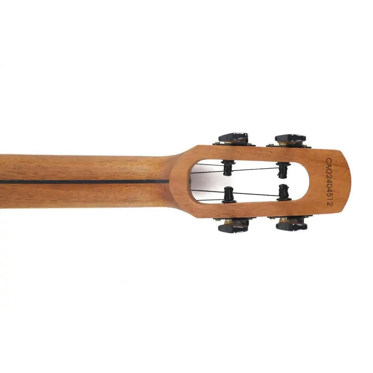 Flight Fireball EQ-A tenor ukulele headstock and neck, showing dark wood tuners and light mango wood grain.