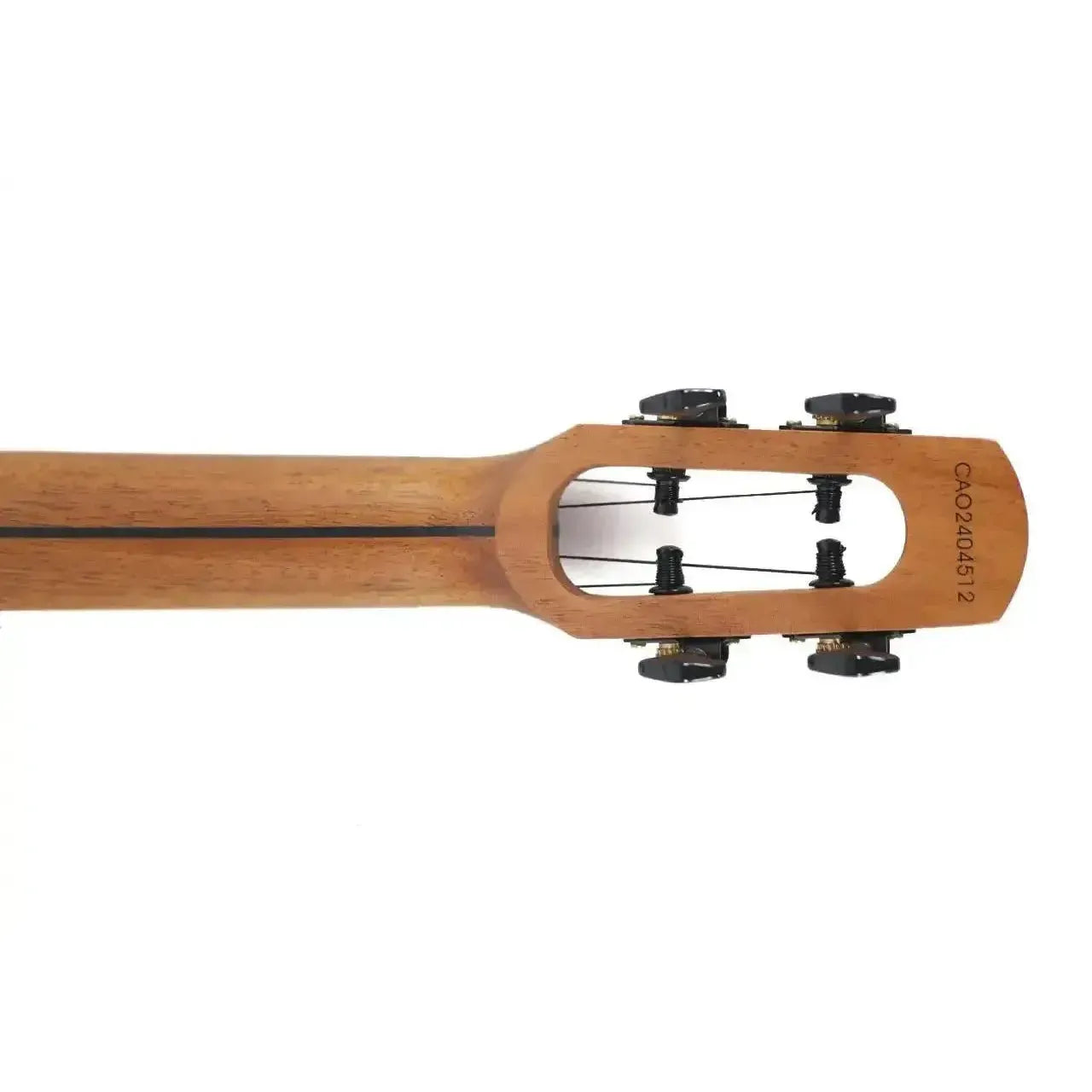 Flight Fireball EQ-A Tenor Ukulele headstock and neck, showing black tuners and natural mango wood.