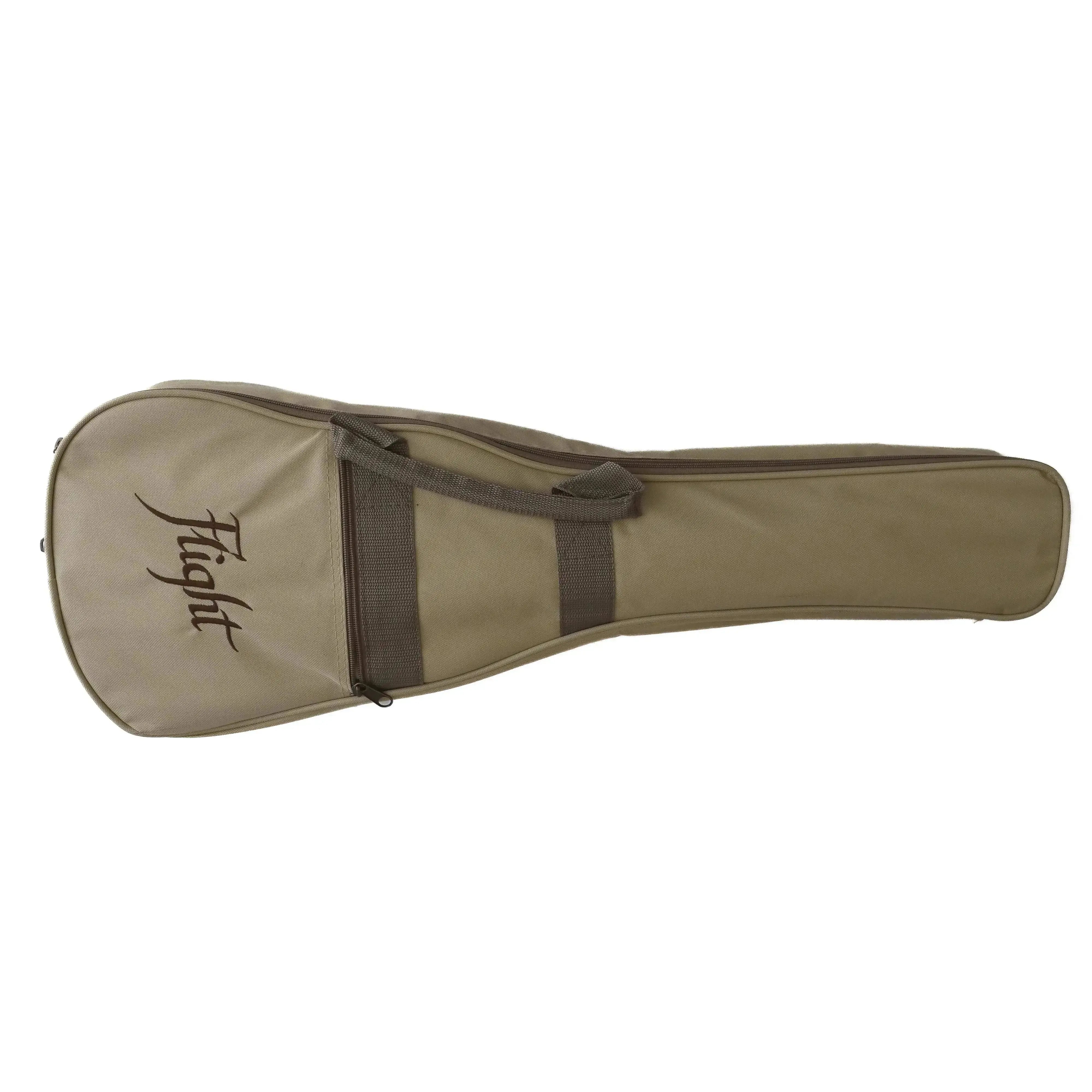 Flight GUT350 SP/SAP Spruce & Sapele Acoustic Guitarlele in a tan gig bag with brown straps.