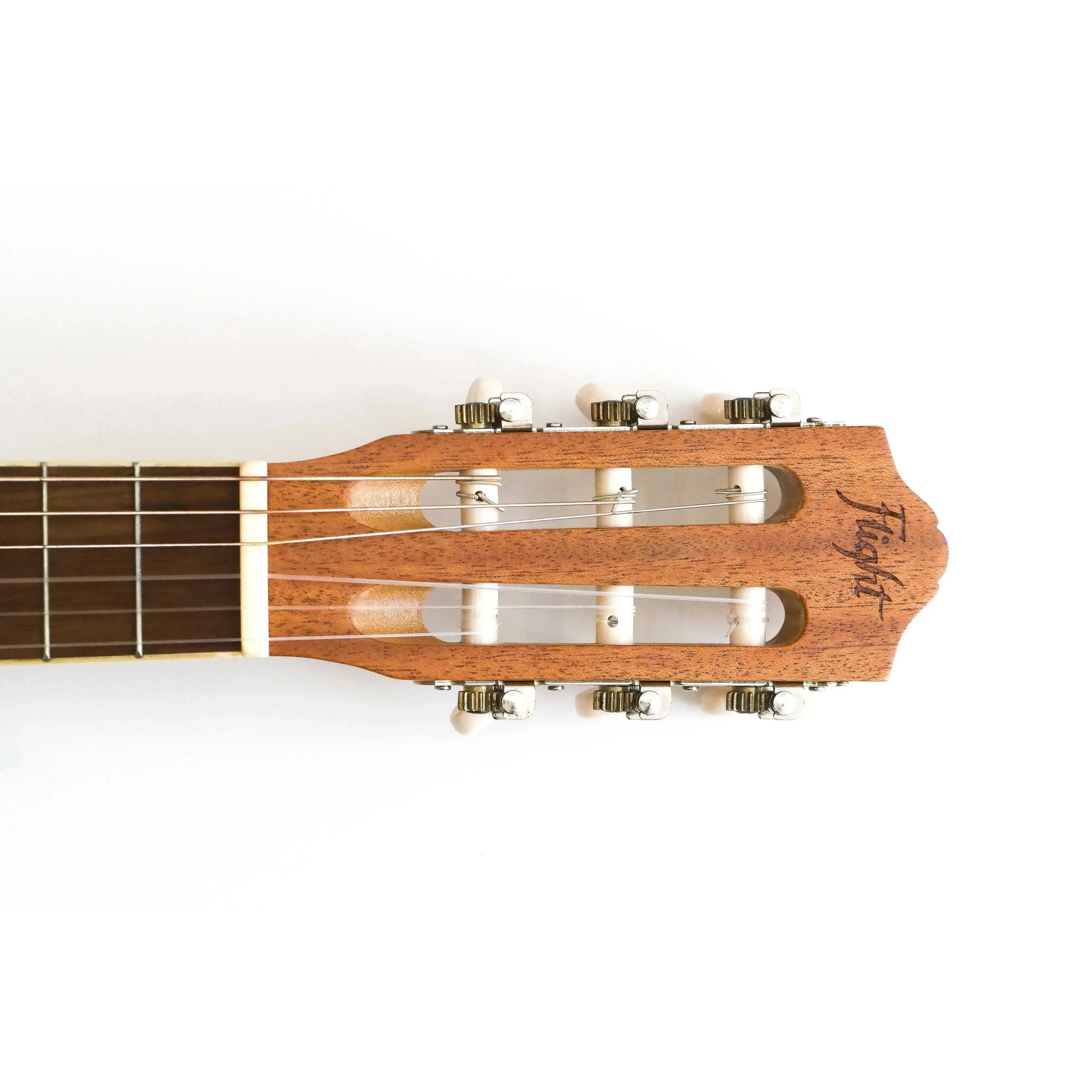 Flight GUT350 SP/SAP Acoustic Guitarlele headstock with ivory and chrome tuners, bone nut, and Flight logo.