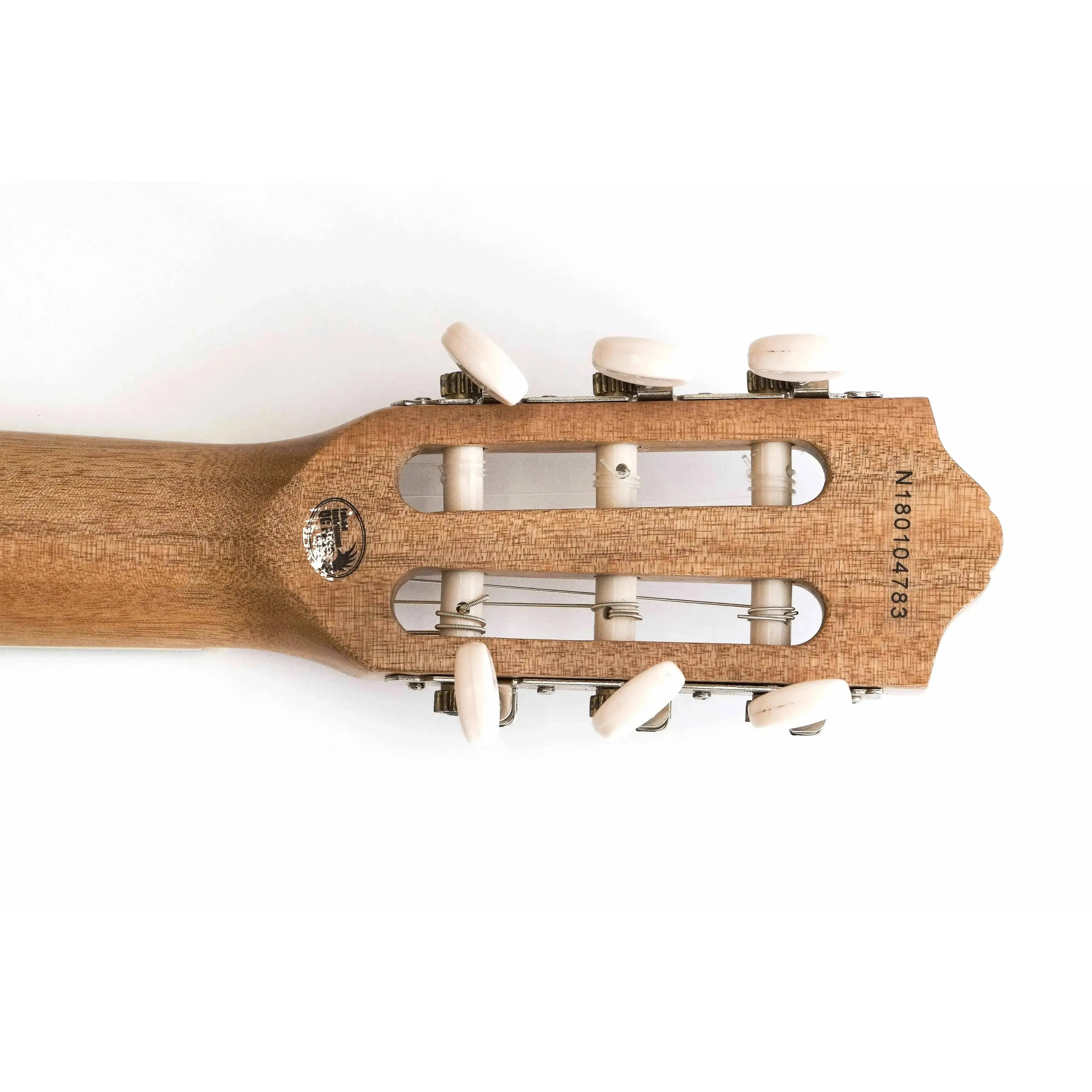 Flight GUT350 SP/SAP Spruce & Sapele Acoustic Guitarlele headstock with ivory and chrome tuners.