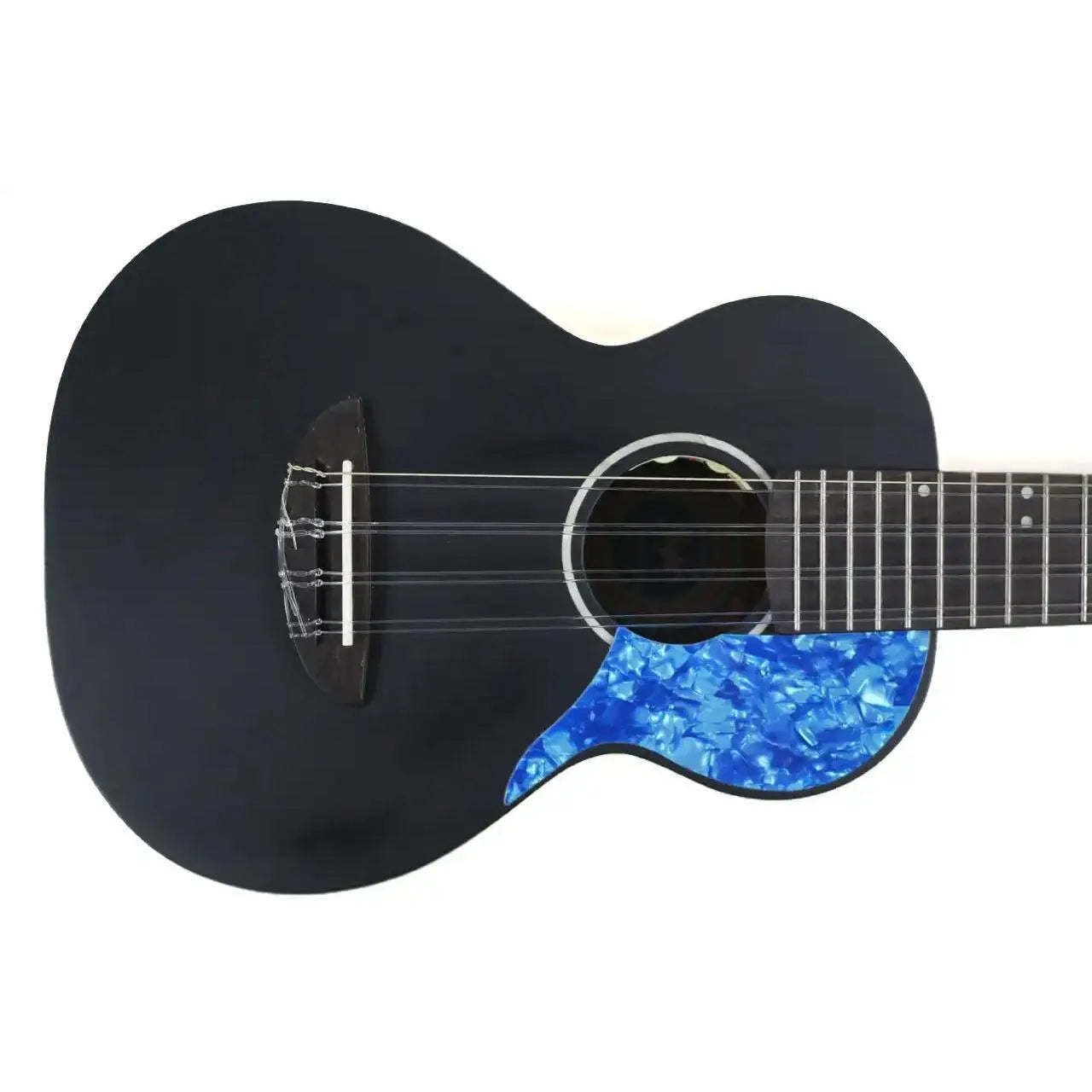 Flight IRIS-8 8-string tenor ukulele with a black satin finish, white rosette, and blue pickguard.