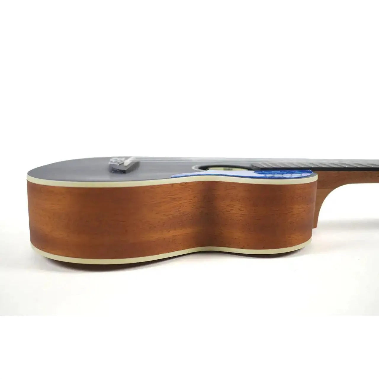 Flight IRIS-8 8-string tenor ukulele side view, showing mahogany back, ivory binding, and spruce top.