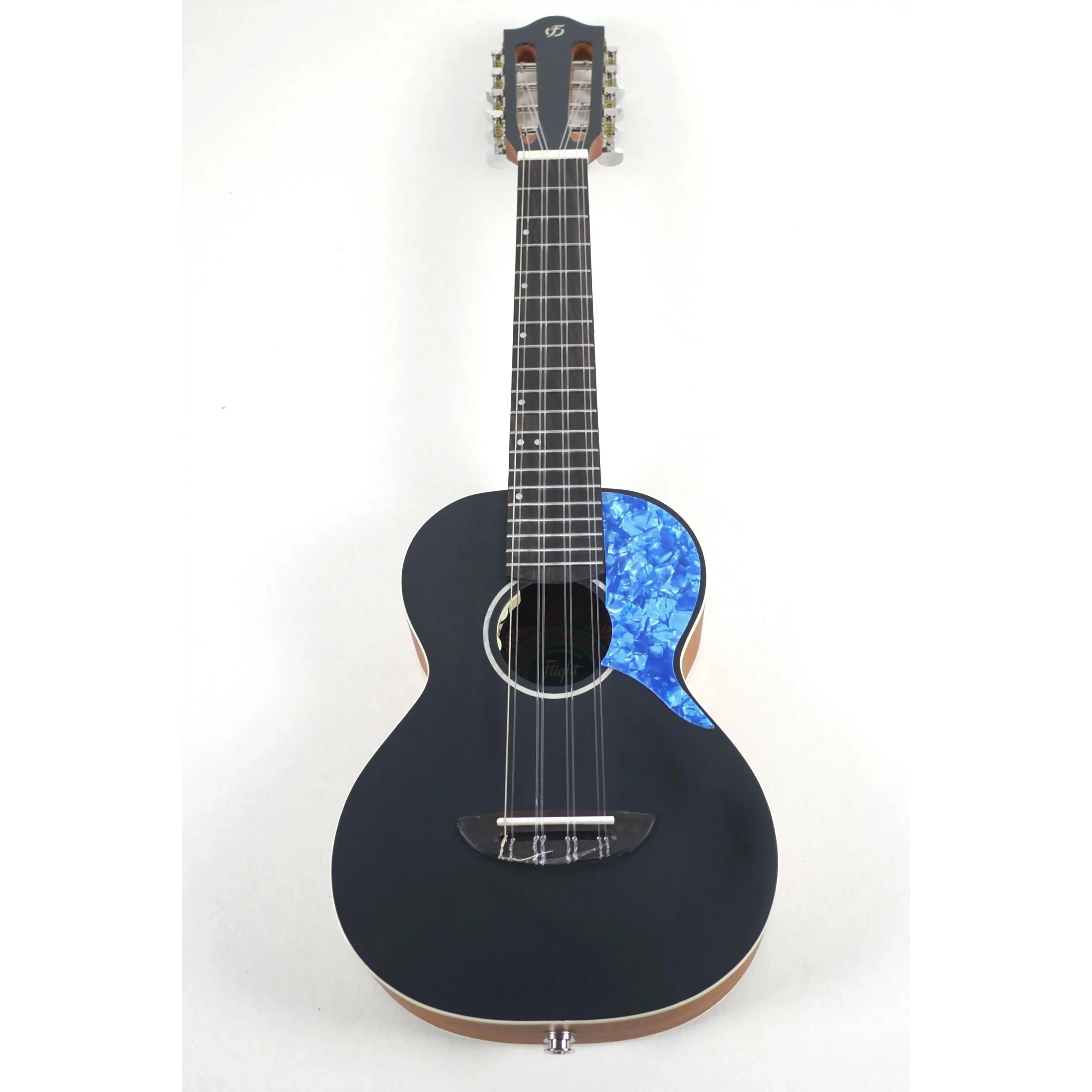 Flight IRIS-8 8-string tenor ukulele with a black body, blue pickguard, and spruce top.