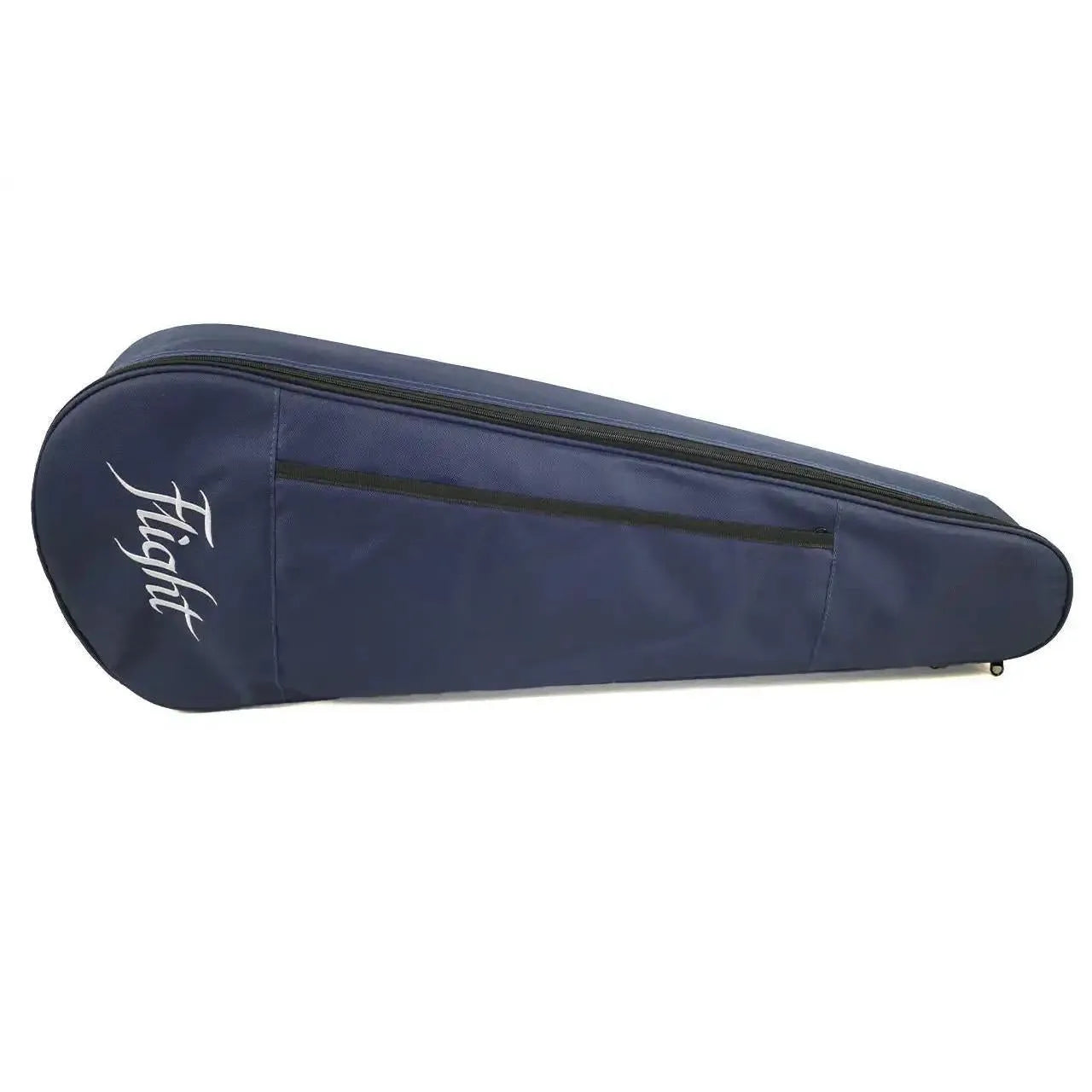 Flight IRIS-8 tenor ukulele gig bag in dark blue with white Flight logo and black zipper.