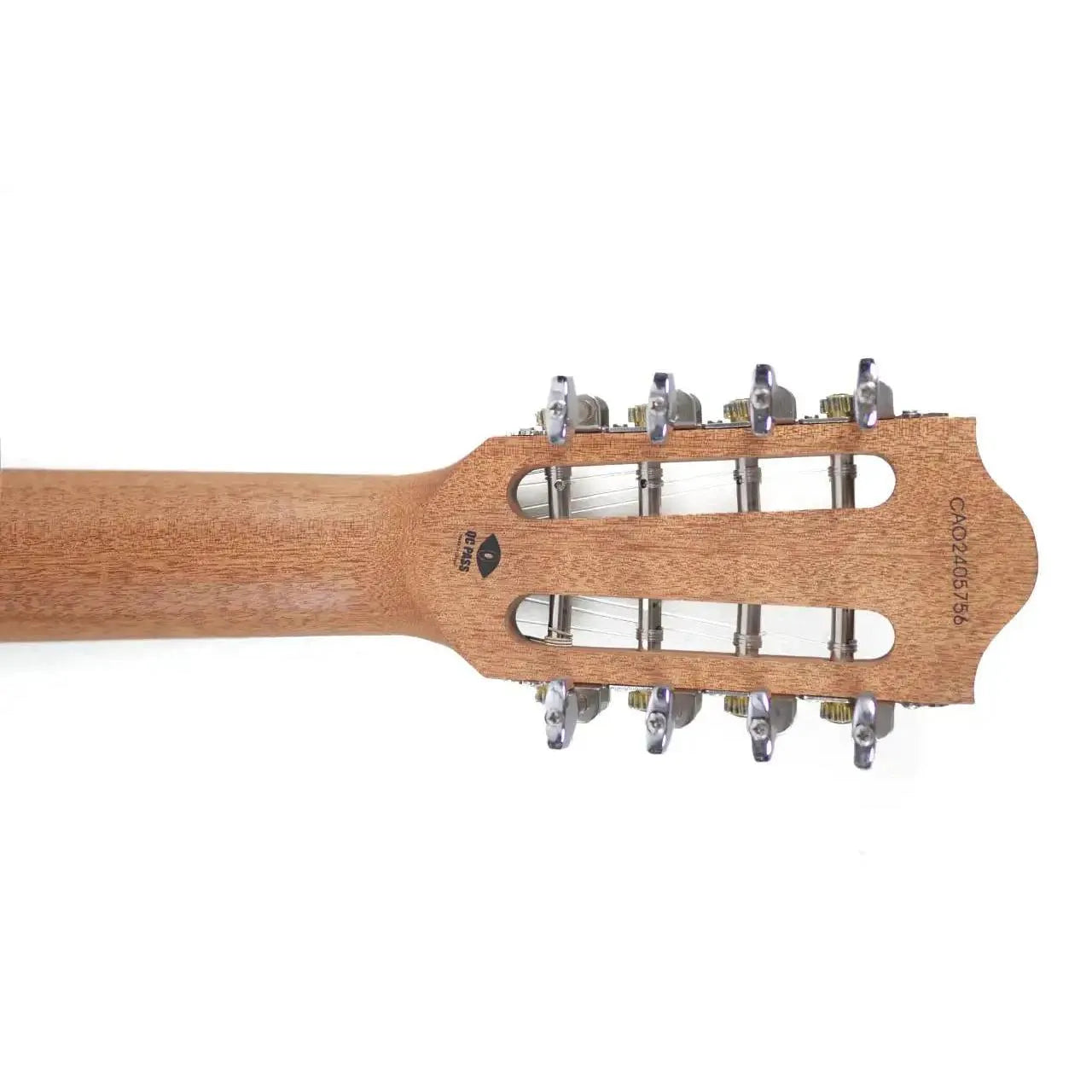 Flight IRIS-8 8-String Tenor Ukulele headstock with open-geared tuners and mahogany wood.