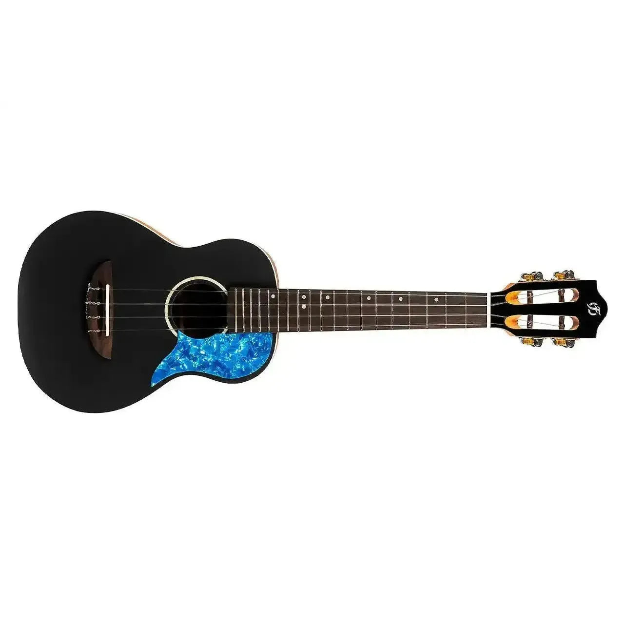 Flight IRIS BK black solid spruce top concert ukulele with blue pickguard and ivory binding.