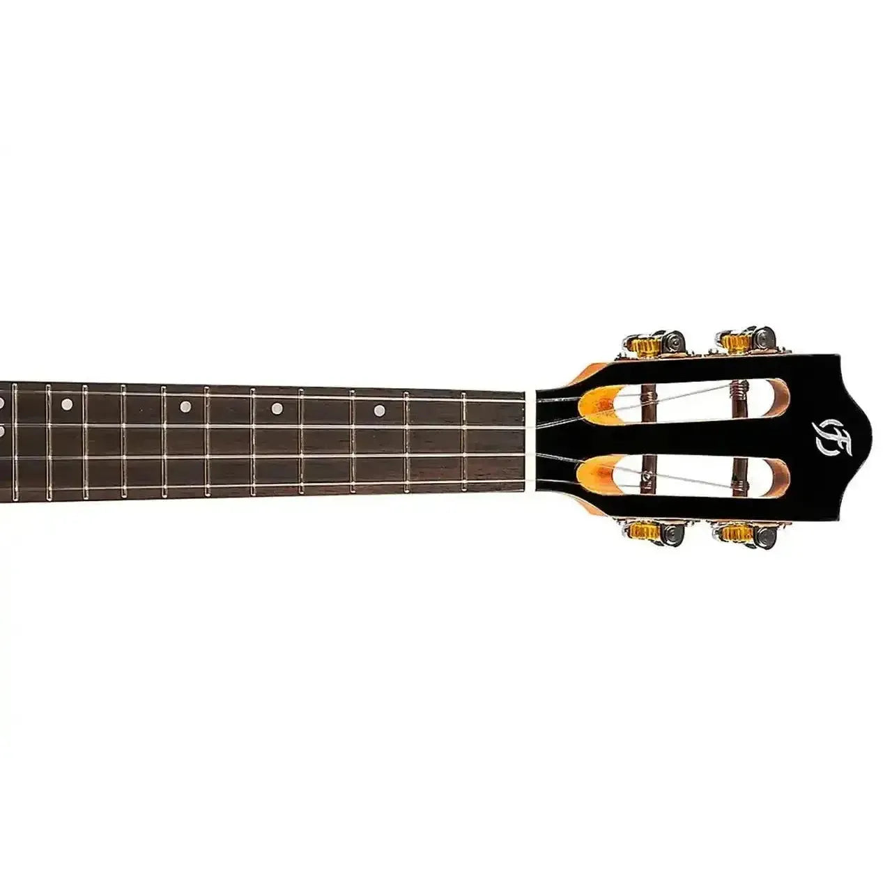 Flight IRIS BK black concert ukulele headstock and rosewood fretboard with white binding.