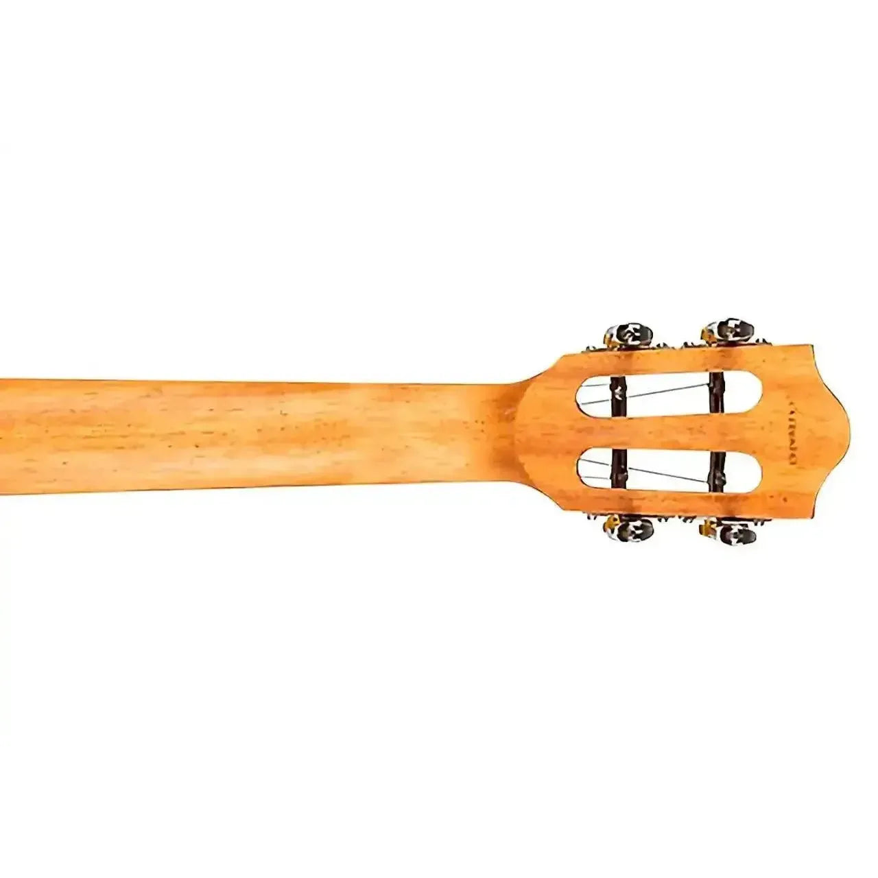 Flight IRIS BK ukulele headstock and neck, natural wood finish with open-gear tuners.