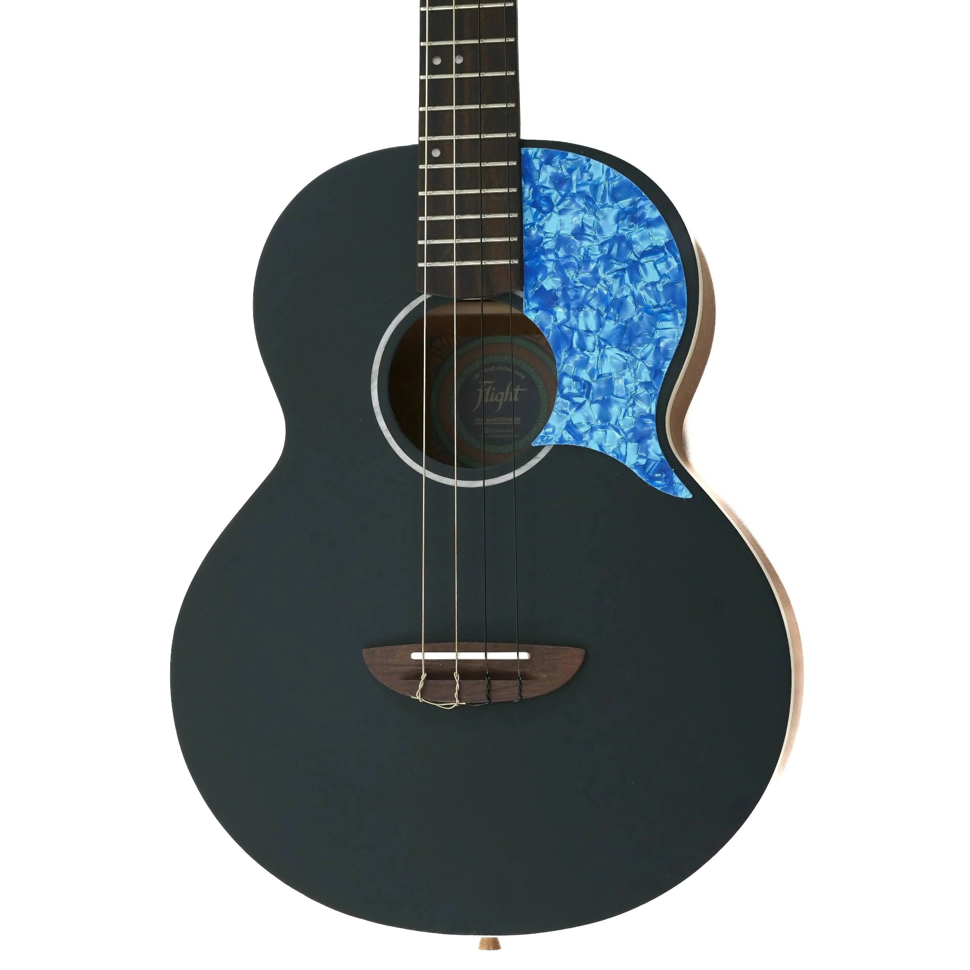 Flight IRIS BK baritone ukulele body with black solid spruce top and blue pickguard.