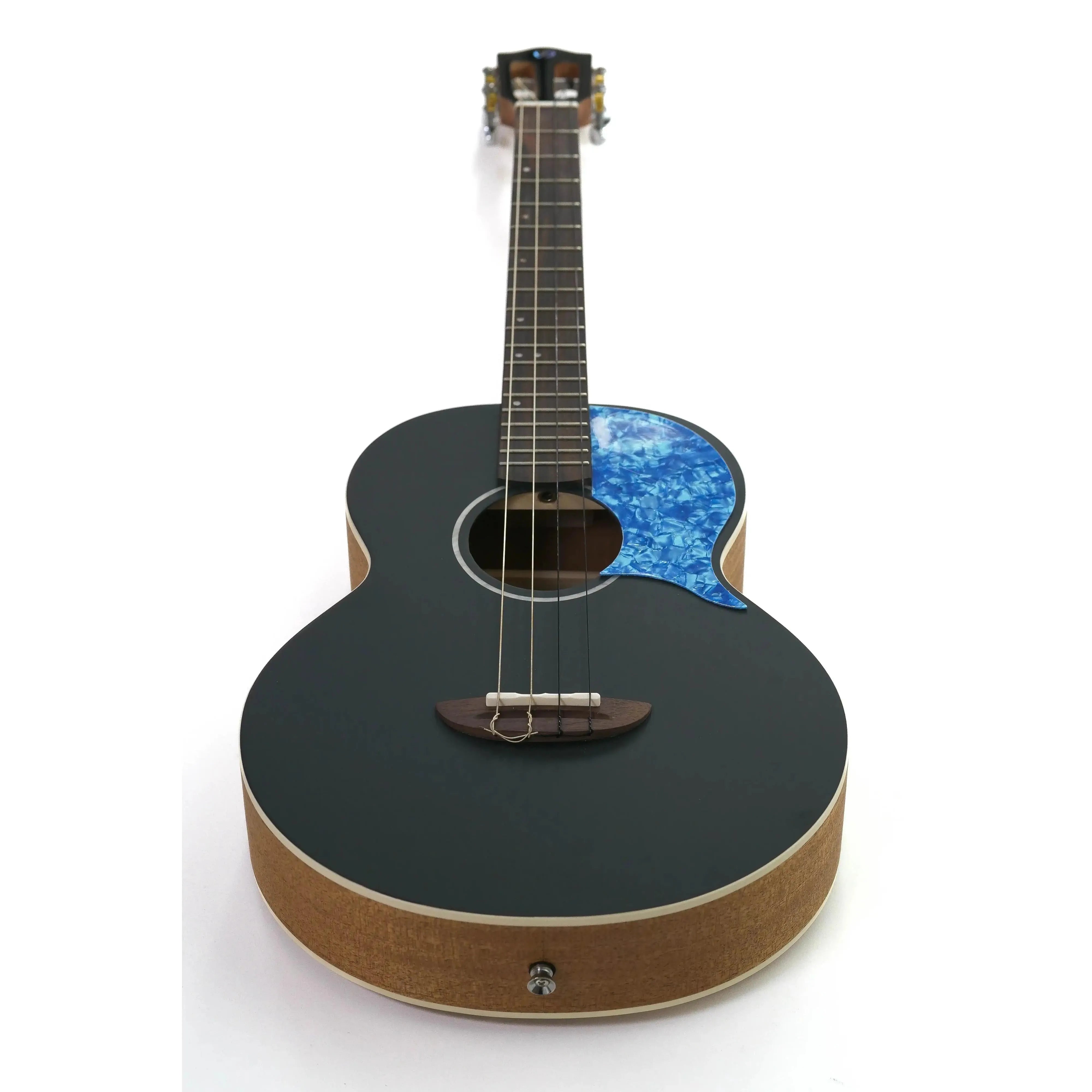 Flight IRIS BK solid spruce top baritone ukulele with black body, natural mahogany sides, and blue pickguard.