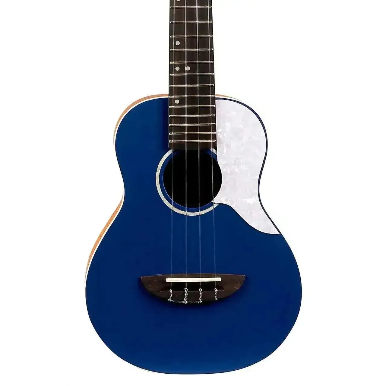 Flight IRIS DB Blue Concert Ukulele with solid spruce top, white pickguard, and rosewood bridge.