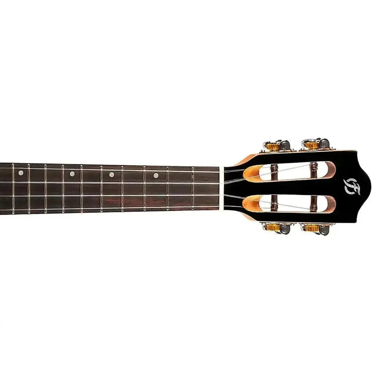 Flight IRIS DB Blue Concert Ukulele headstock and fretboard with gold tuners.