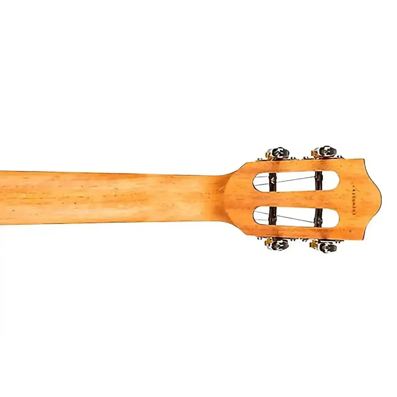 Flight IRIS DB Concert Ukulele headstock and neck, light wood with chrome tuners.