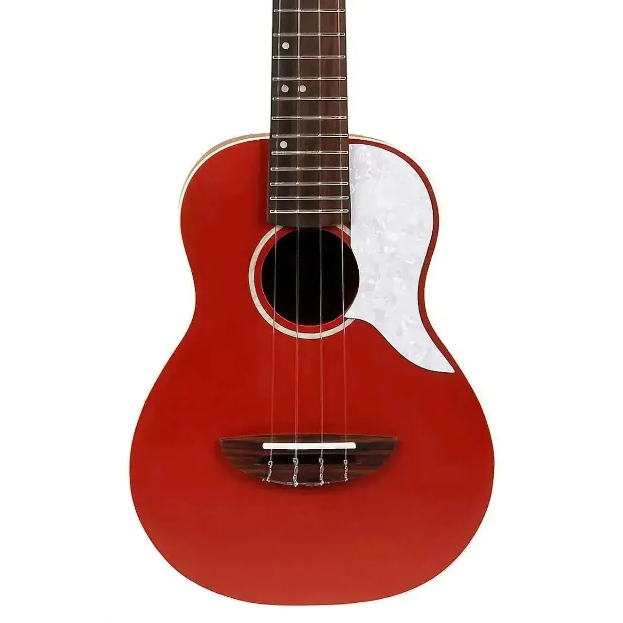 Flight IRIS RD Red Concert Ukulele with solid spruce top, white pickguard, and rosewood bridge.