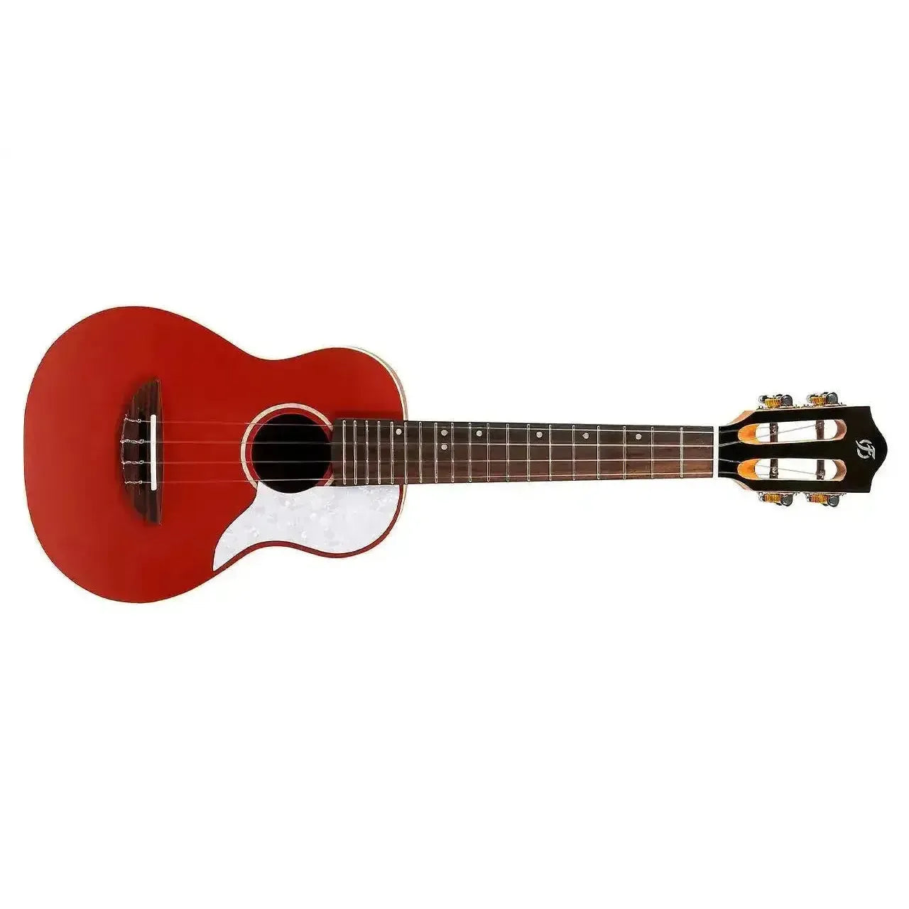 Flight IRIS RD Red Concert Ukulele with solid spruce top, white pickguard, and dark headstock.