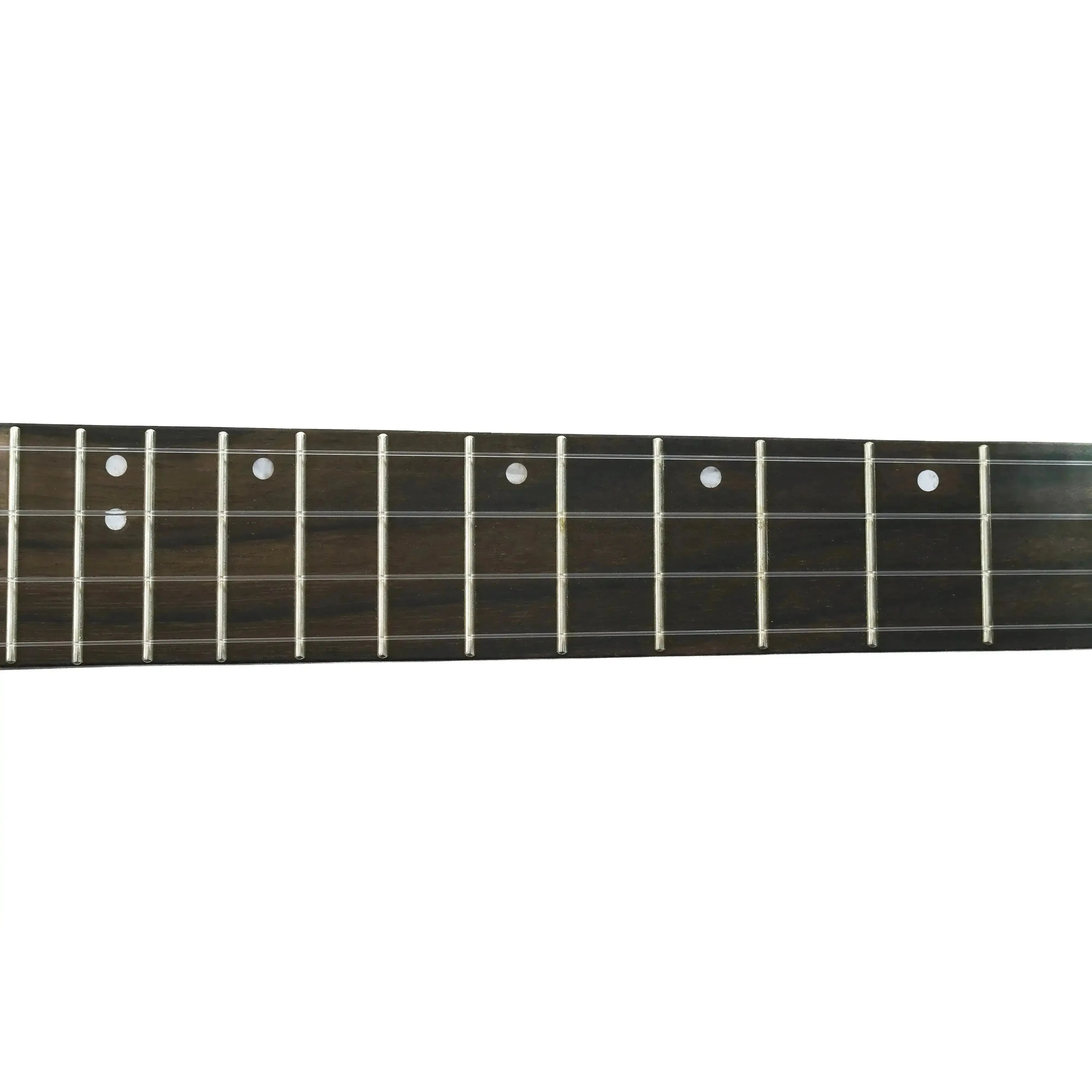 Flight IRIS tenor ukulele fretboard, dark hardwood with white fret markers and frets.