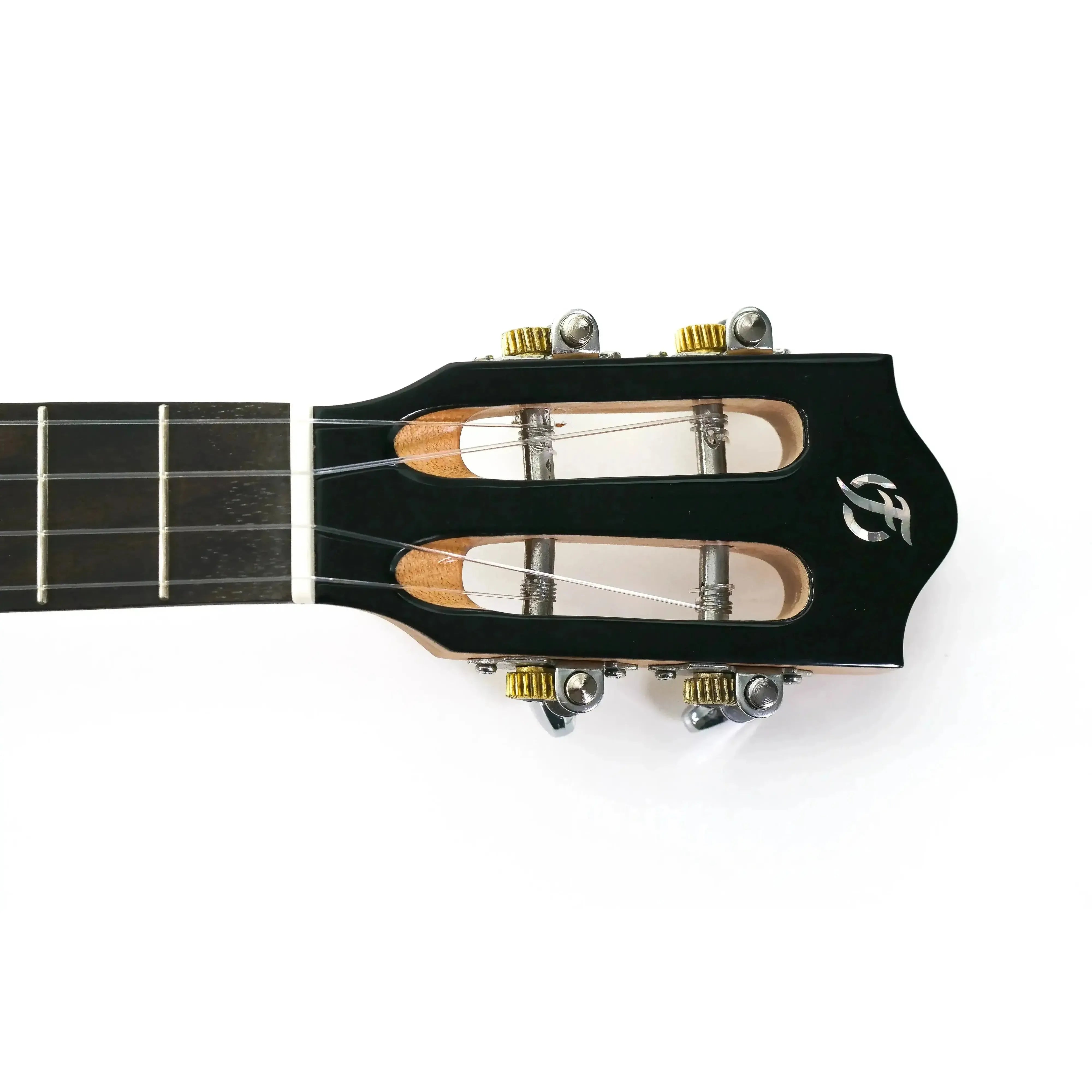 Flight IRIS Tenor Ukulele headstock with black finish, gold tuners, and brand logo.