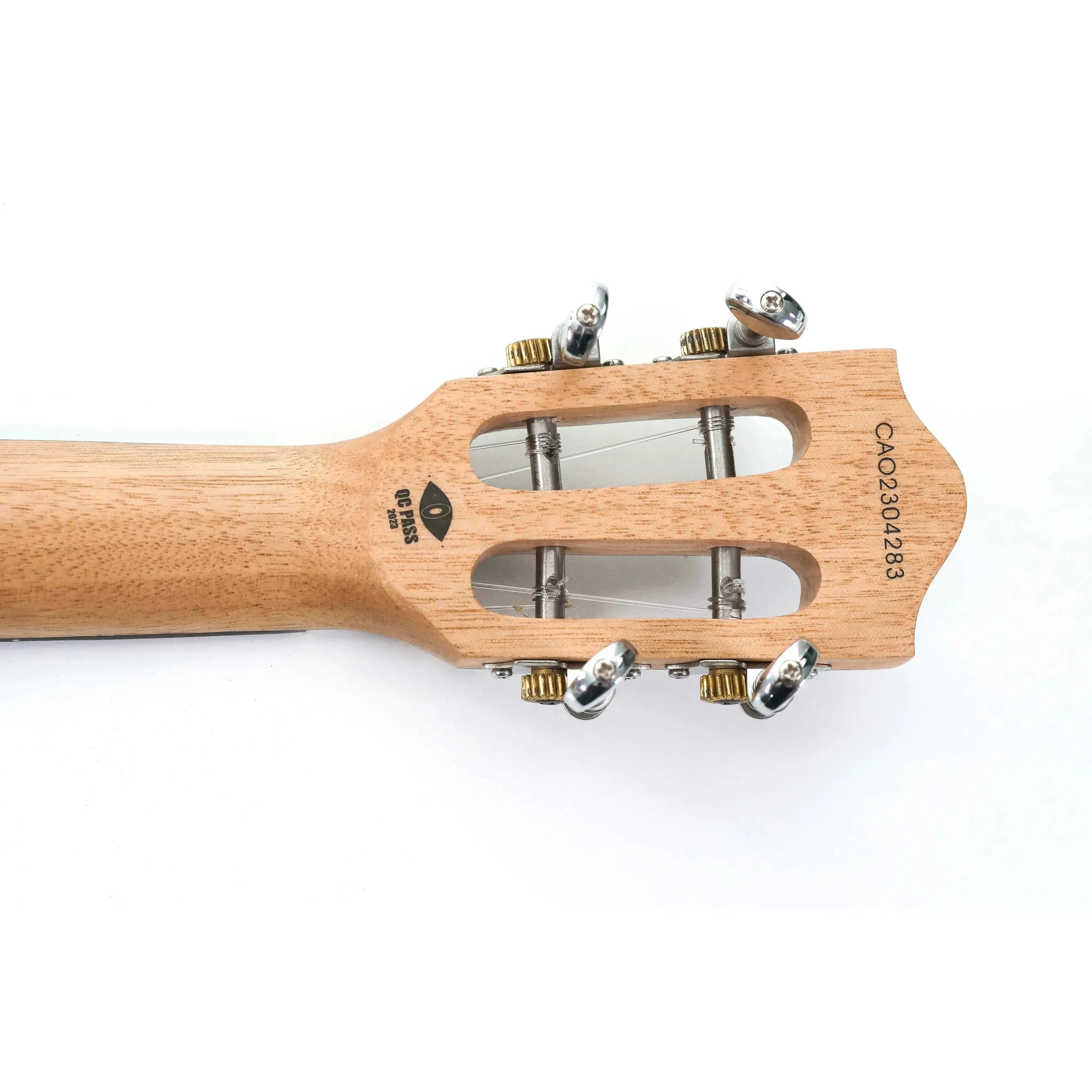Flight IRIS Tenor Ukulele headstock and neck, showing light wood, silver tuners, and serial number.