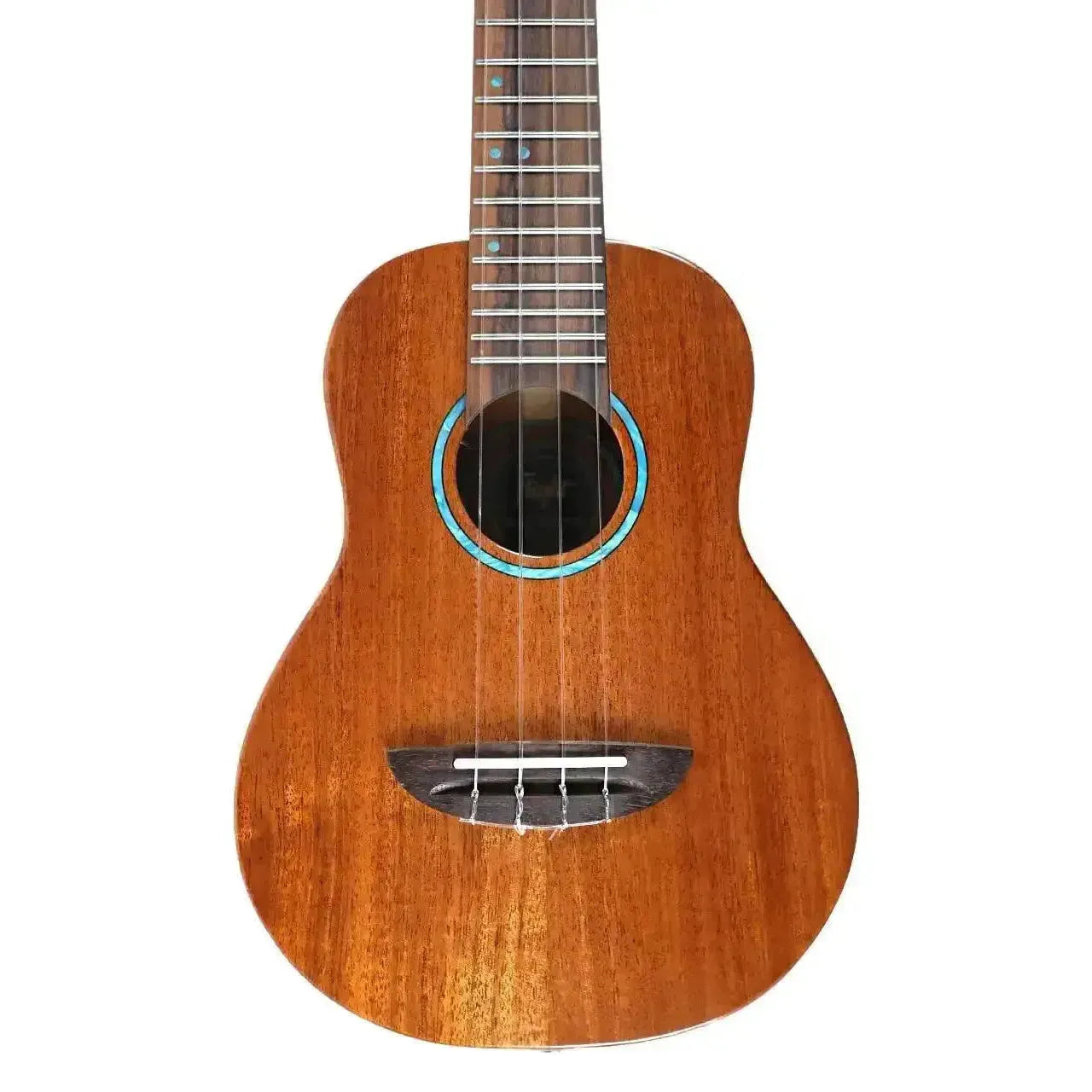 Flight IRIS TINTA NA natural solid mahogany concert ukulele with blue rosette and rosewood fretboard.