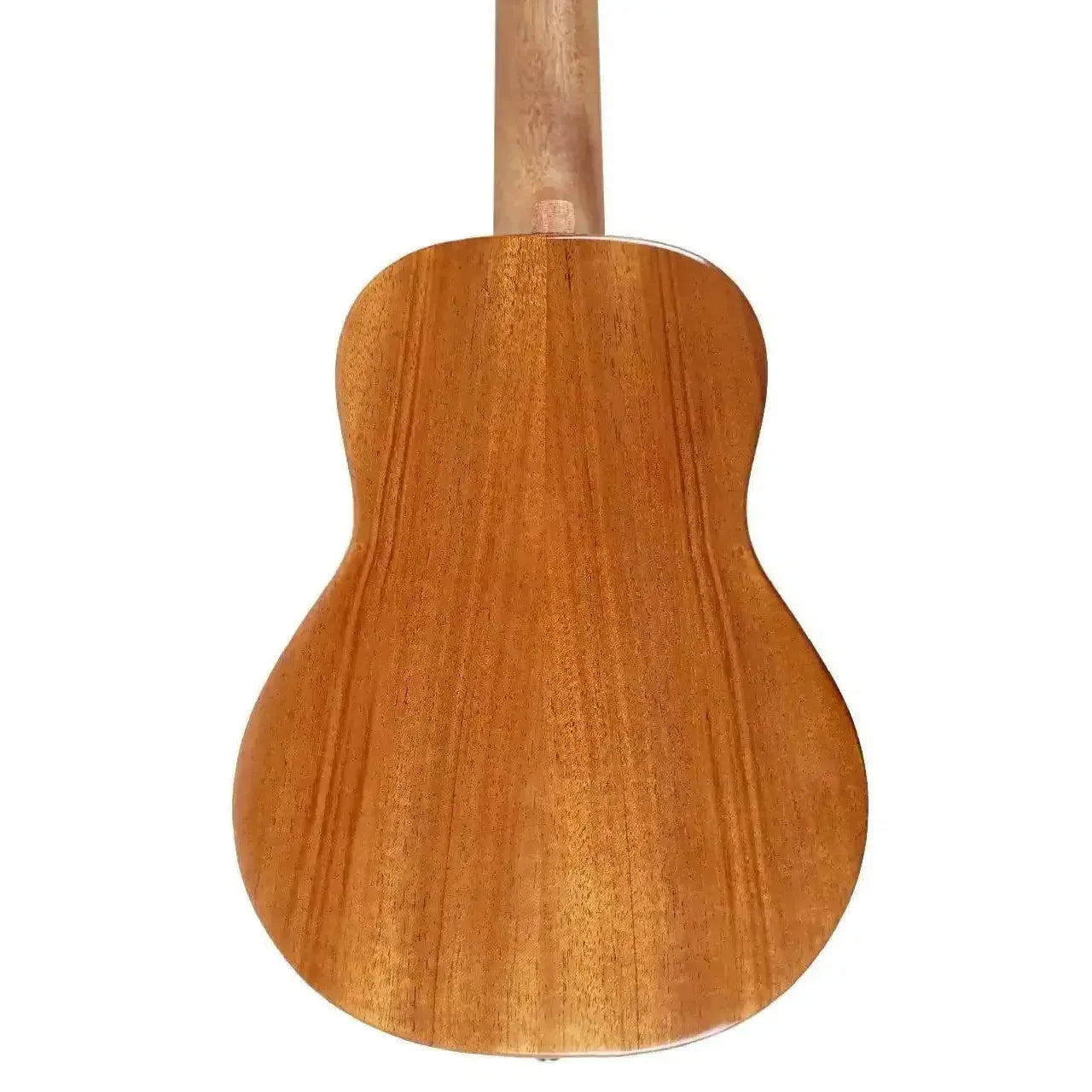 Back of a Flight IRIS TINTA NA natural solid mahogany concert ukulele with a gloss finish.