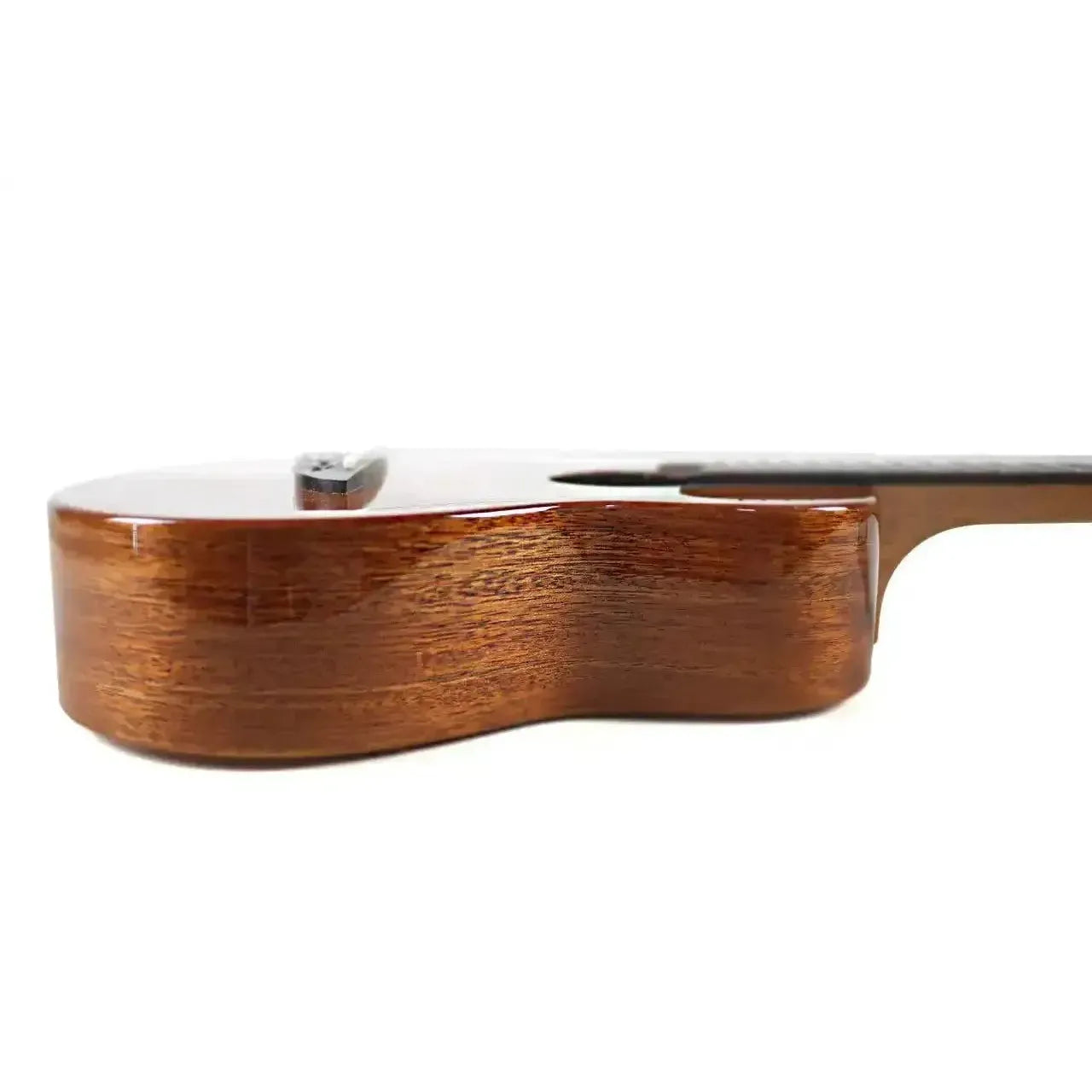 Flight IRIS TINTA NA natural solid mahogany concert ukulele, side view showing gloss finish.