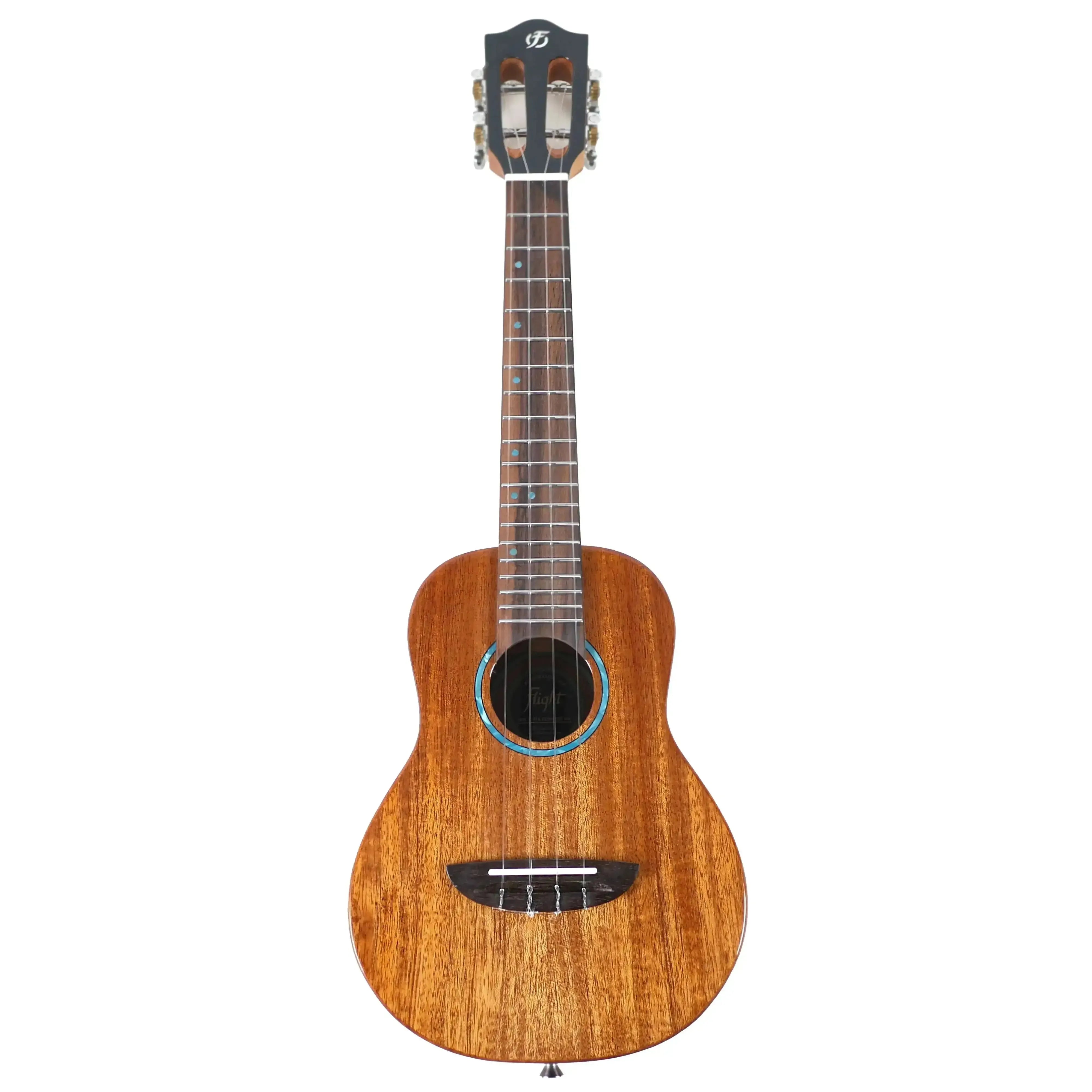 Flight IRIS TINTA NA Natural Solid Mahogany Concert Ukulele with turquoise rosette and dark headstock.