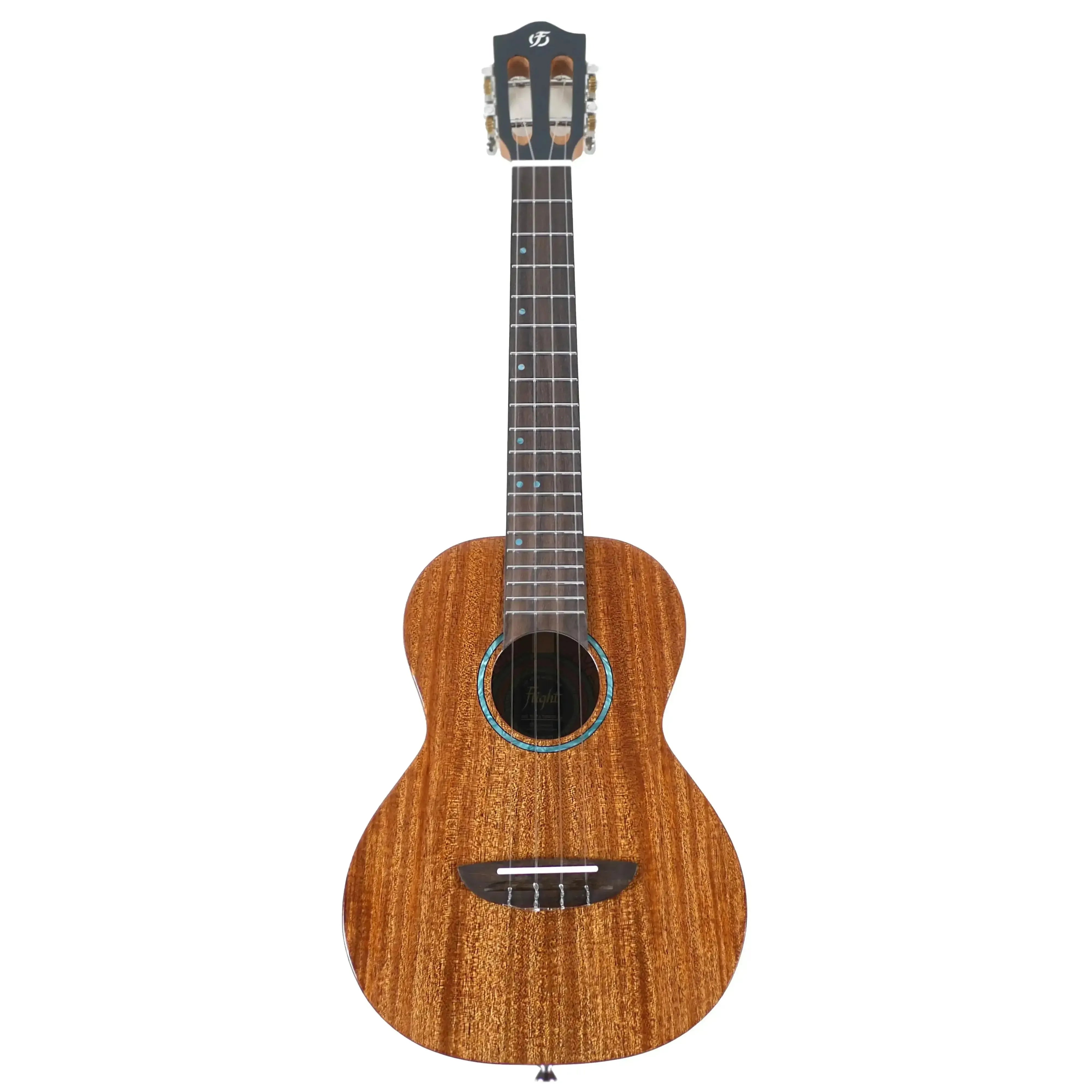Flight IRIS TINTA NA natural solid mahogany tenor ukulele with a gloss finish and turquoise rosette.