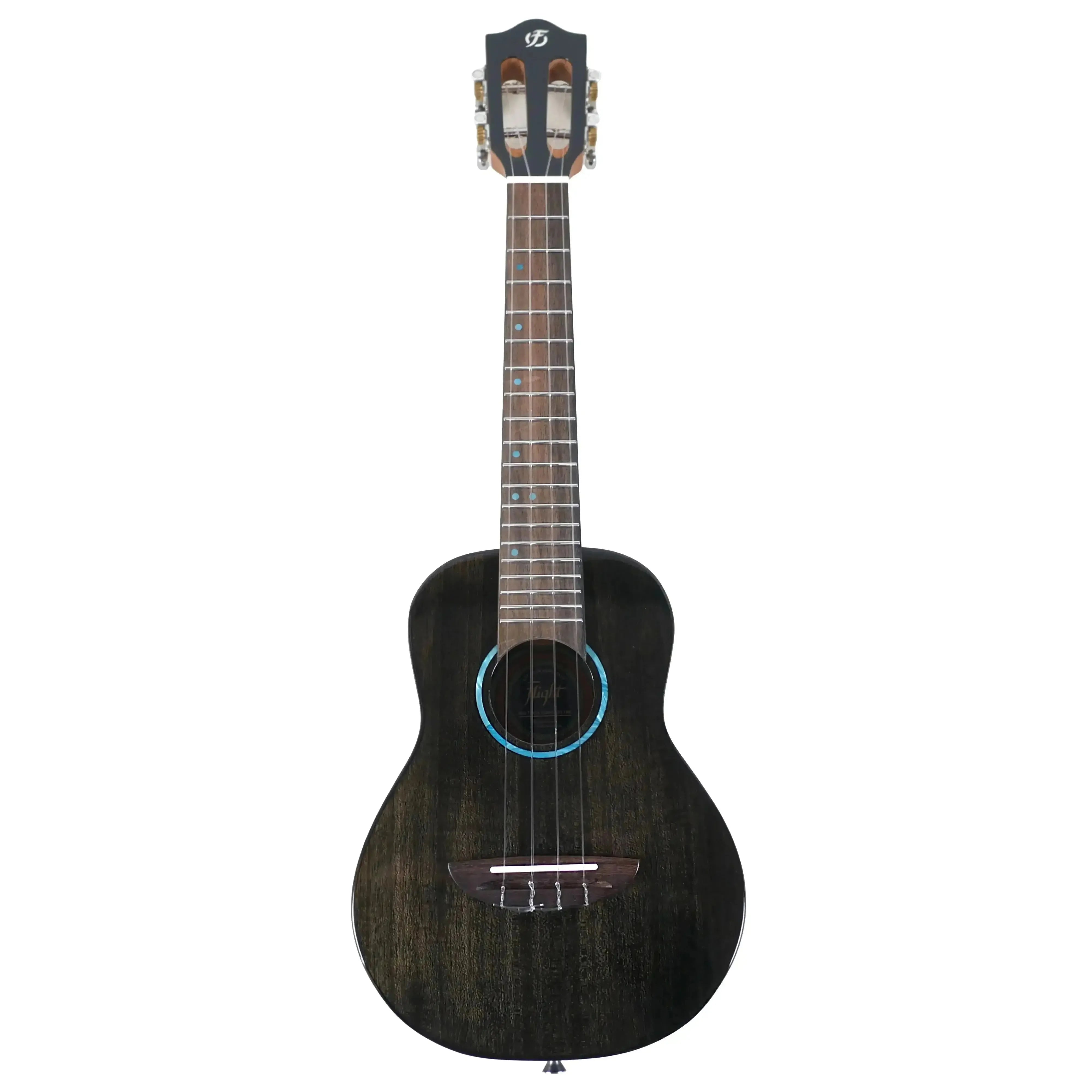 Flight IRIS TINTA TBK Transparent Black Concert Ukulele with blue soundhole rosette.