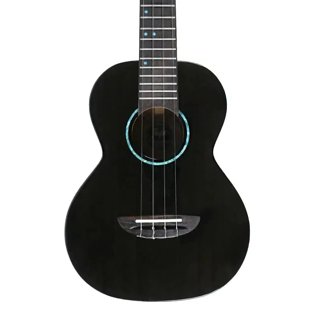 Flight IRIS TINTA TBK transparent black tenor ukulele with a light blue rosette and dark fretboard.