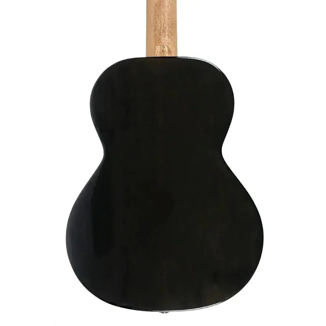 Flight IRIS TINTA TBK Transparent Black Tenor Ukulele, back view, showing gloss finish and light wood neck.