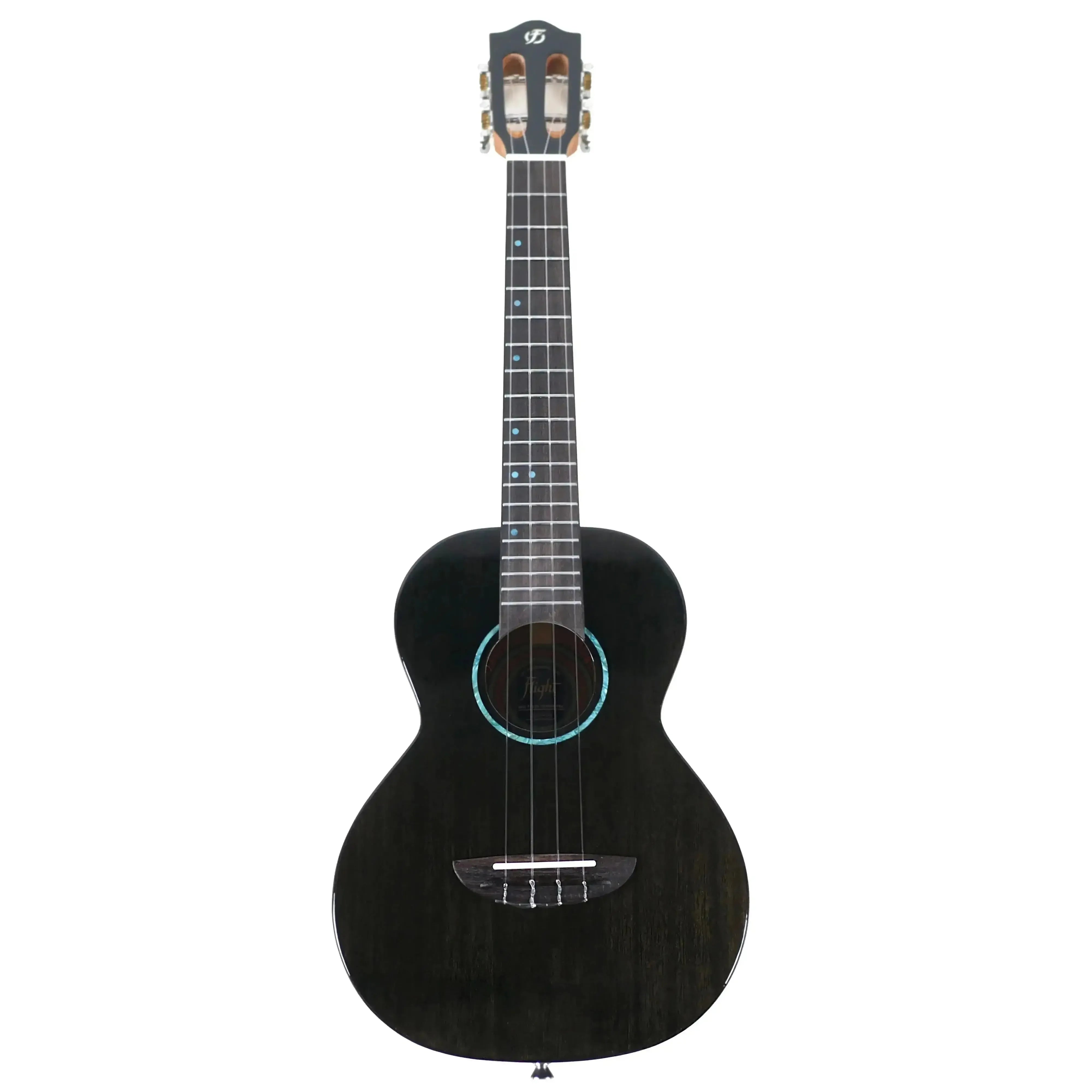 Flight IRIS TINTA TBK Transparent Black Tenor Ukulele with solid mahogany top, light blue rosette, and dark fretboard.