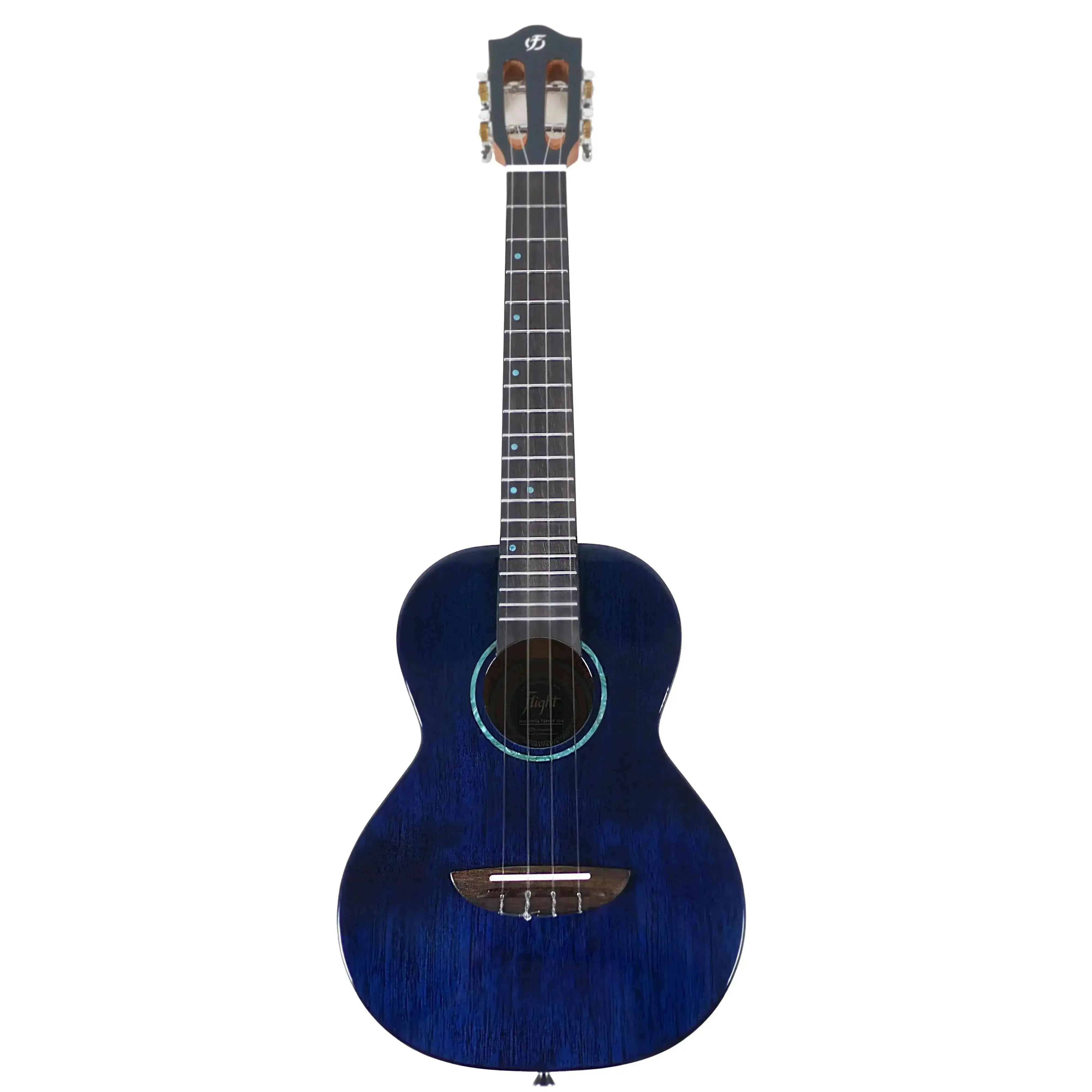 Flight IRIS TINTA TDB Transparent Blue Tenor Ukulele with solid mahogany body and rosewood fretboard.