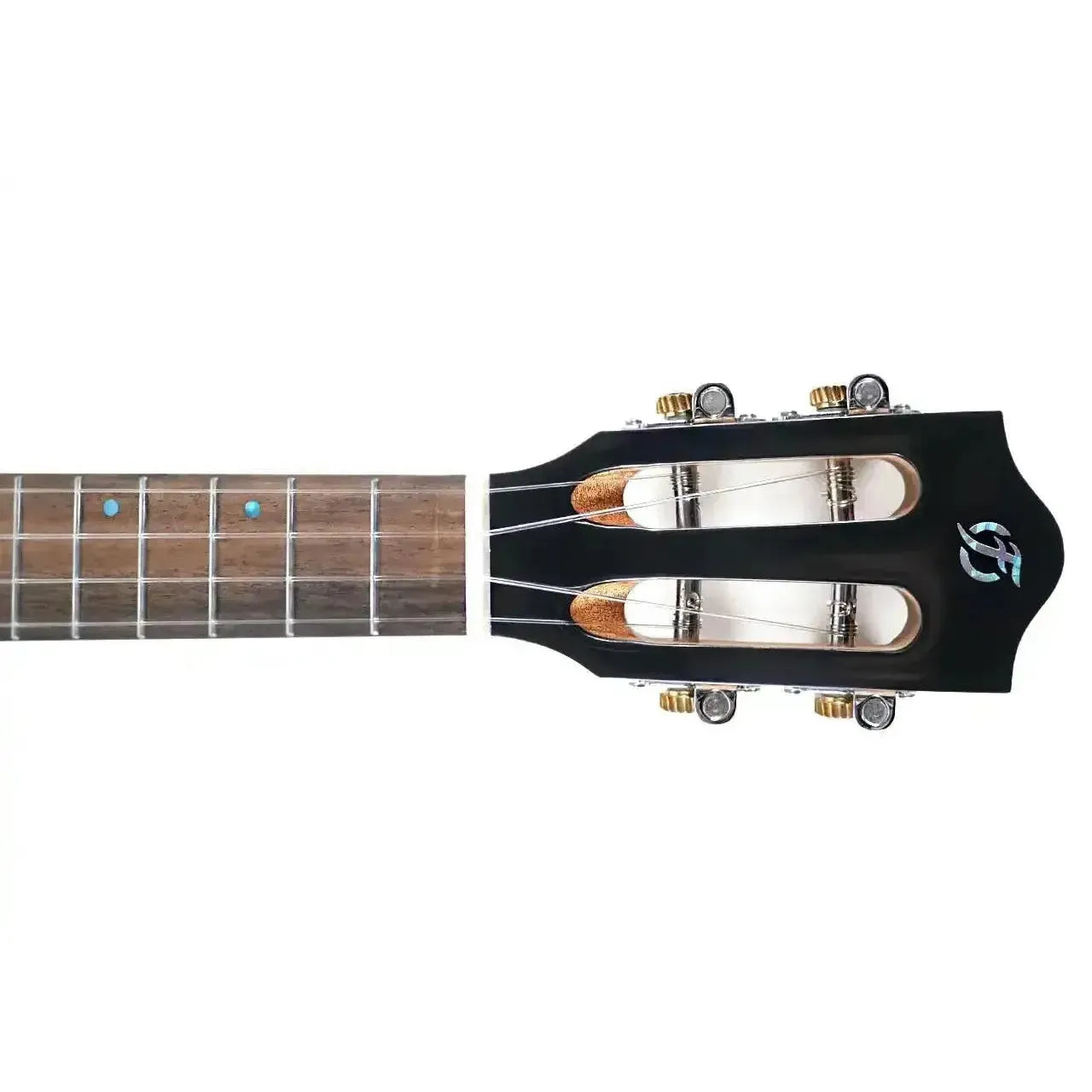 Flight IRIS TINTA TDB tenor ukulele headstock and fretboard with transparent blue inlays.