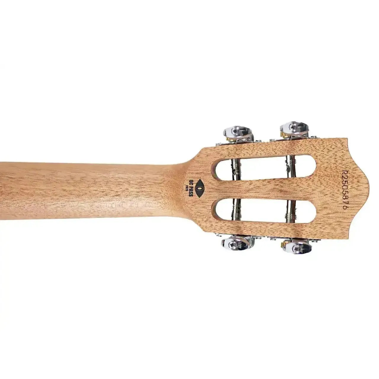 Back of Flight IRIS TINTA TDB Transparent Blue Tenor Ukulele headstock with mahogany wood grain and chrome tuners.