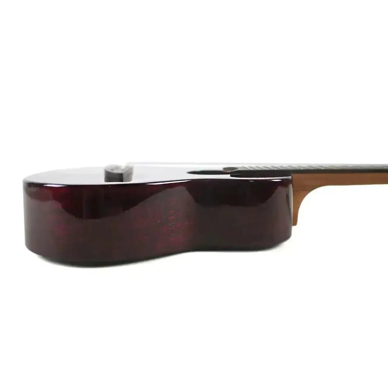 Flight IRIS TINTA TPP Transparent Purple Concert Ukulele, side view of glossy mahogany body.