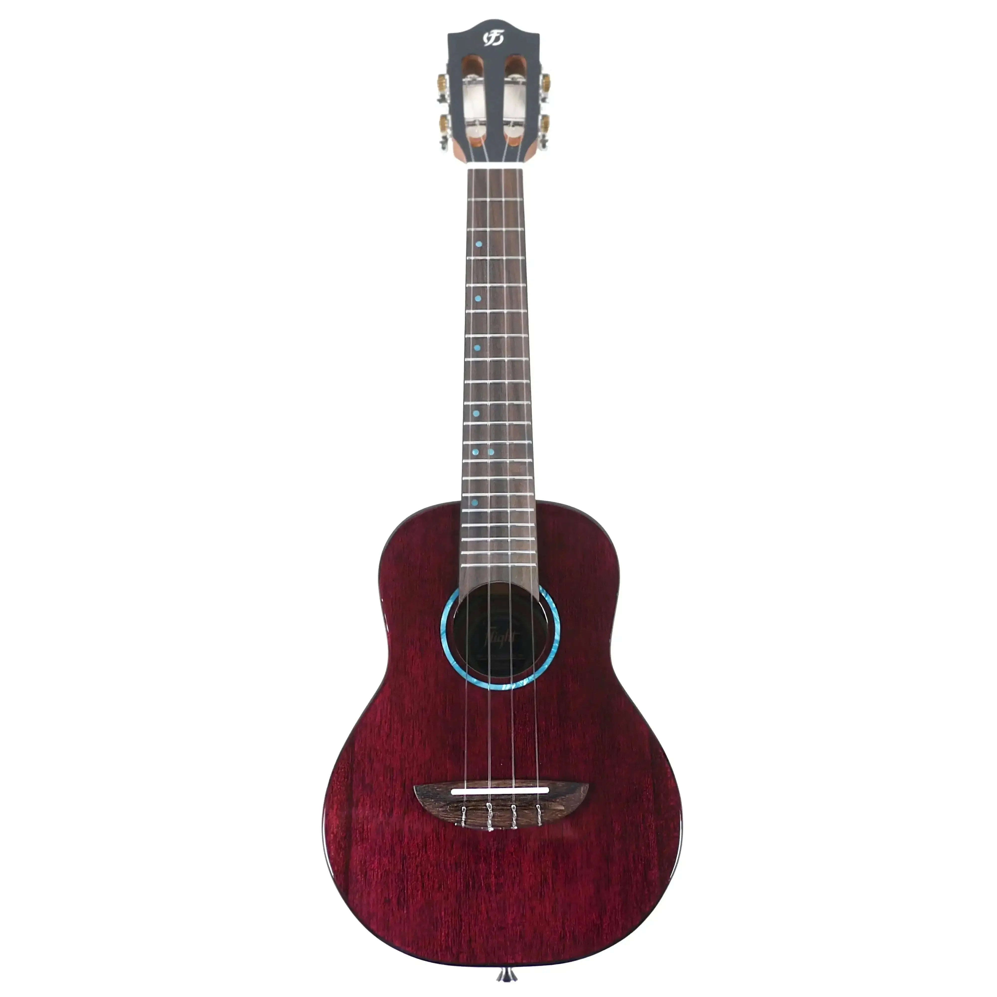 Flight IRIS TINTA TPP Transparent Purple Concert Ukulele with gloss finish and blue rosette.