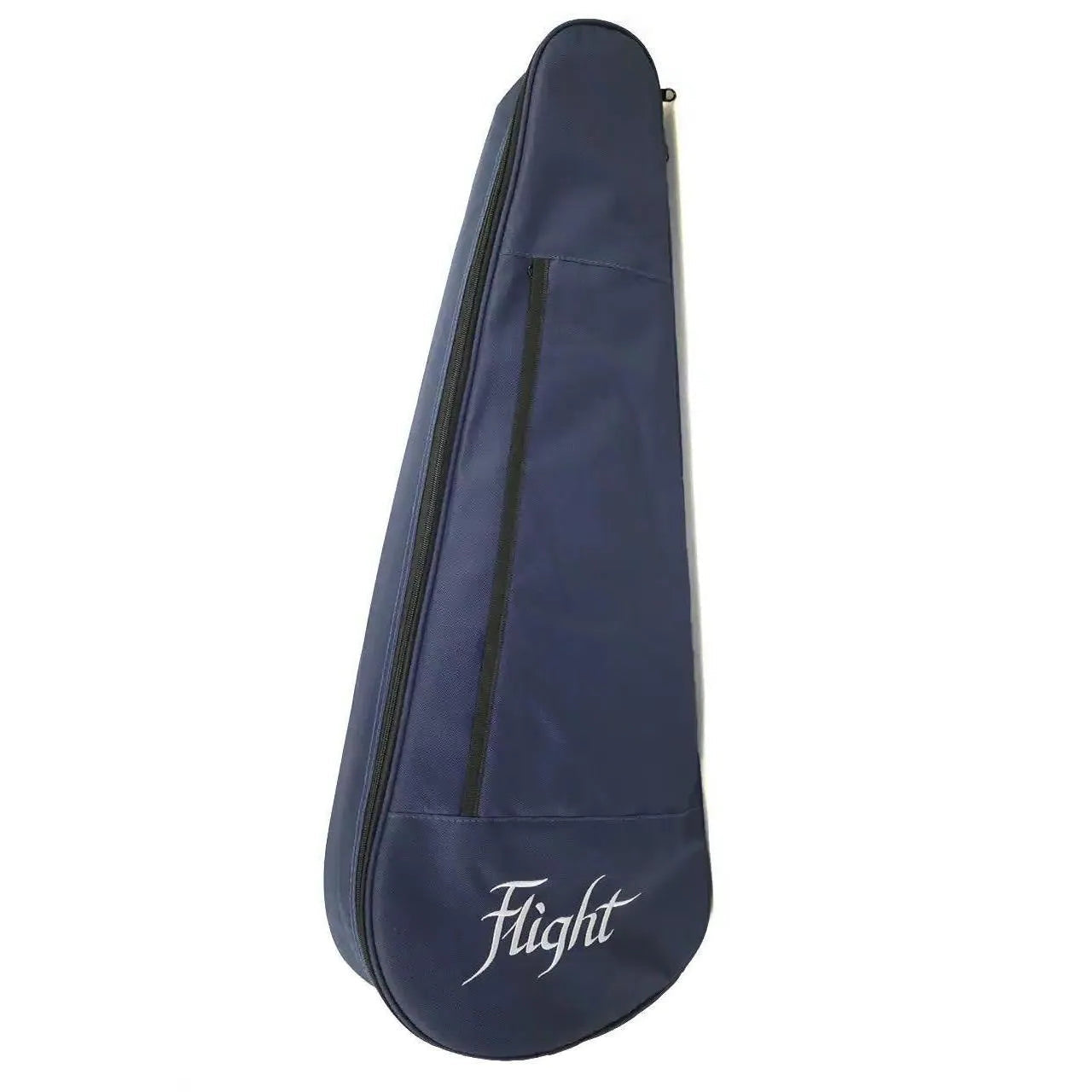 Flight ukulele gig bag in dark blue with white "Flight" logo and black zipper.
