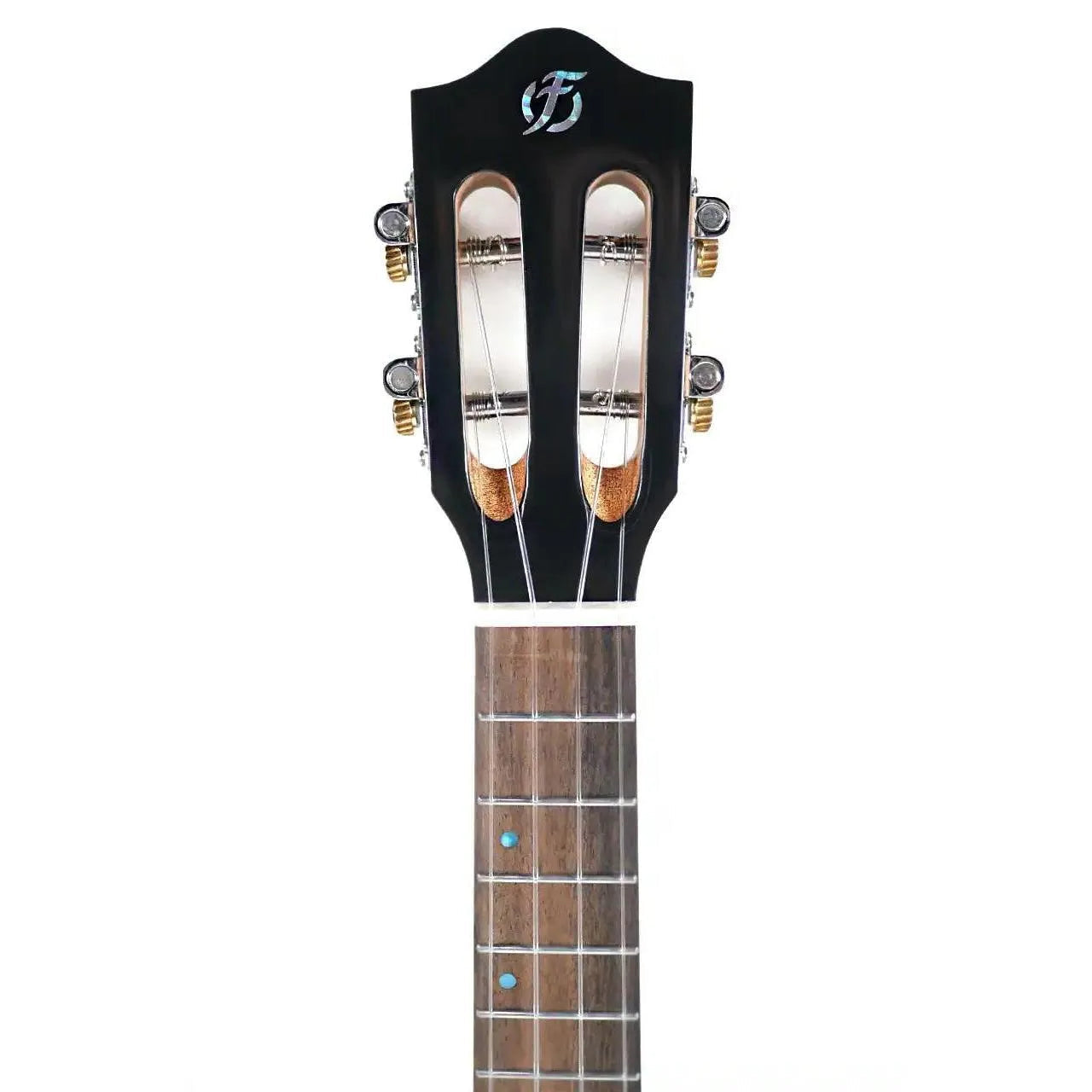Flight IRIS TINTA TPP Tenor Ukulele headstock and fretboard with offset turquoise markers.
