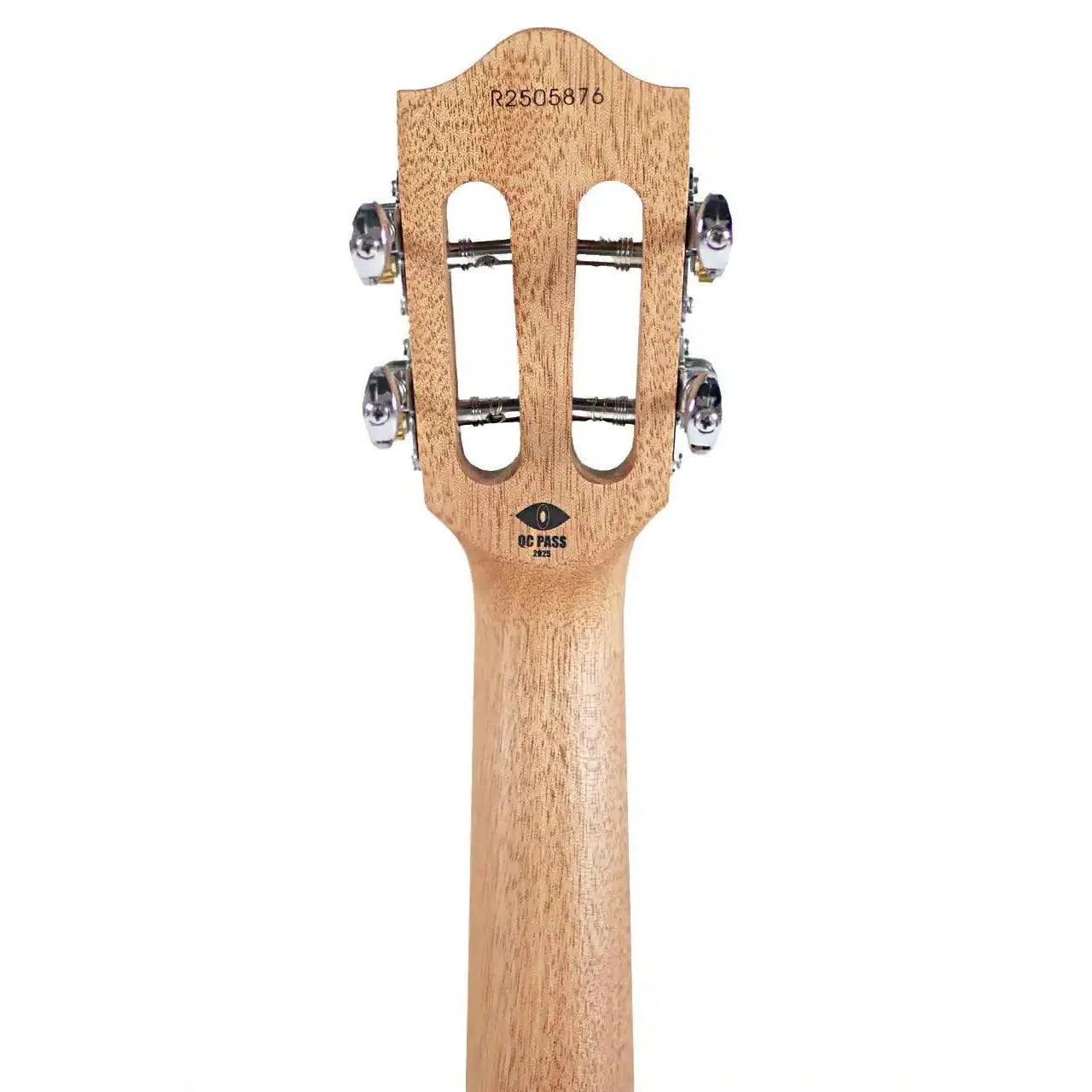 Back of Flight IRIS TINTA TPP Transparent Purple Tenor Ukulele headstock and neck, showing tuners and wood grain.