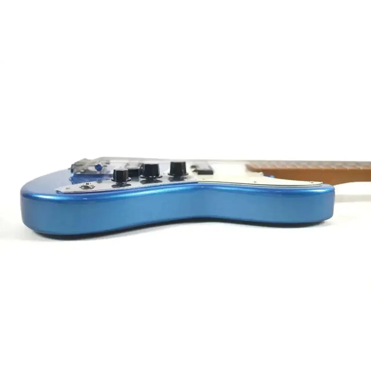 Flight JB LPB Metallic Blue Electric Mini Bass body with control knobs and white pickguard.