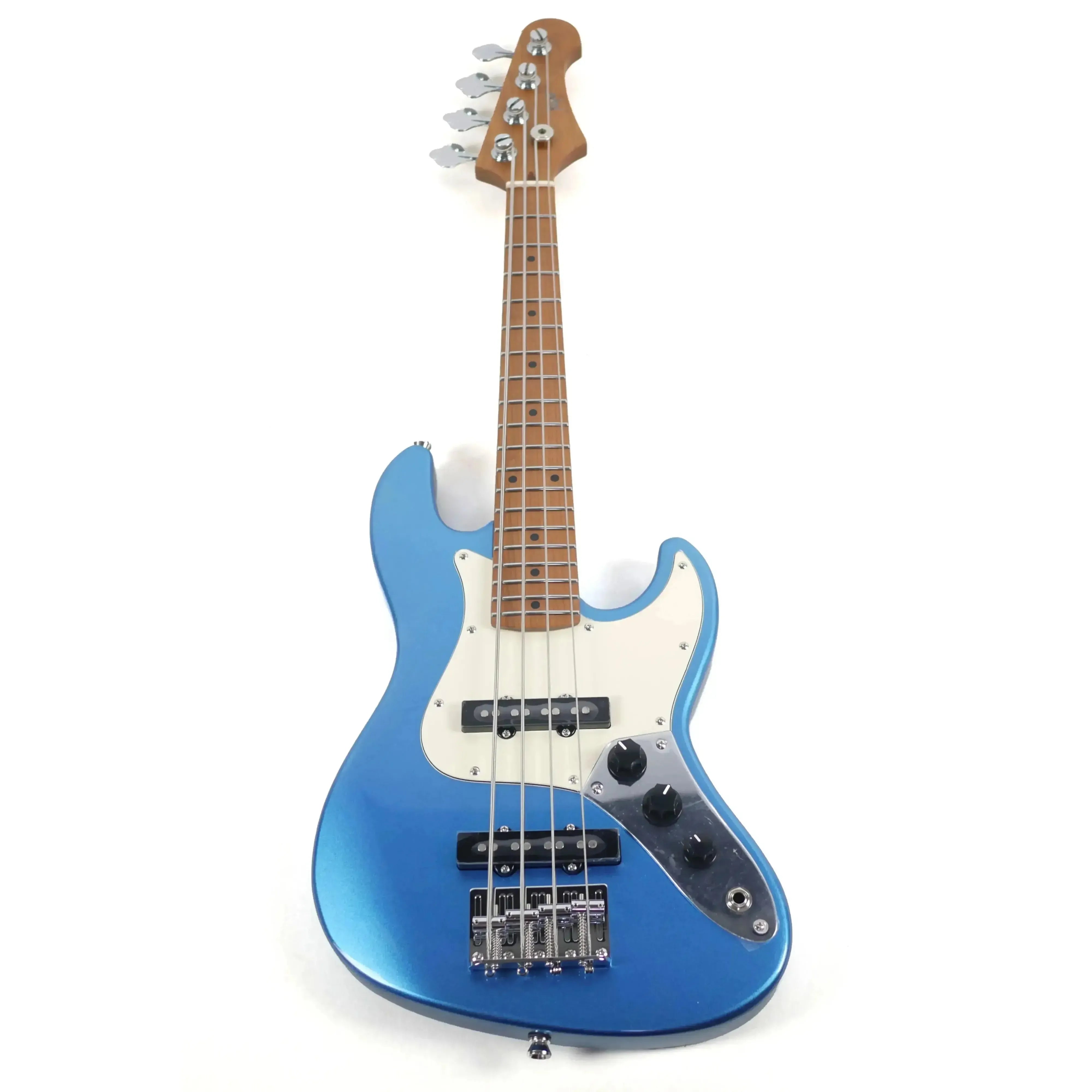 Flight JB LPB Metallic Blue Electric Mini Bass with roasted maple neck and white pickguard.