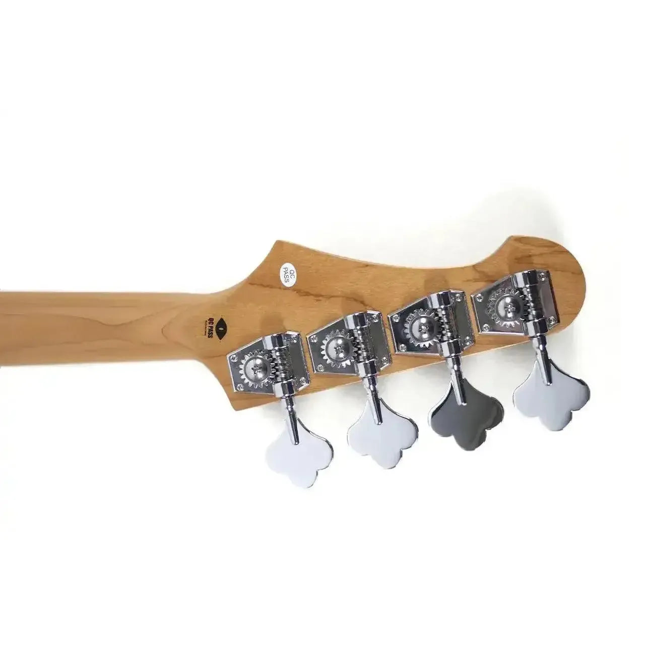 Flight JB LPB Electric Mini Bass headstock with roasted maple neck and chrome tuning machines.