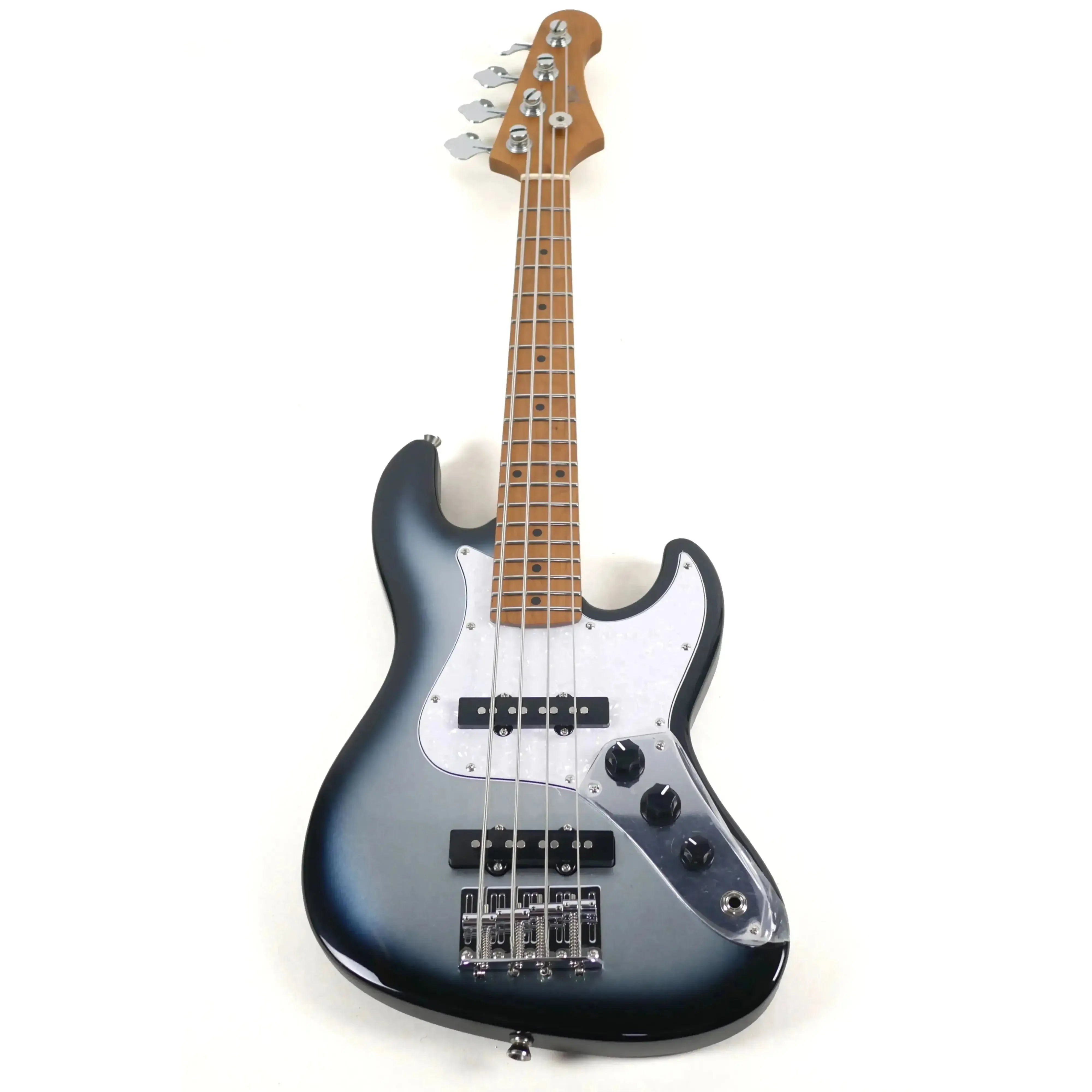 Flight JB MB Moonburst solid body electric mini bass with roasted poplar body, roasted maple neck, and white pickguard.
