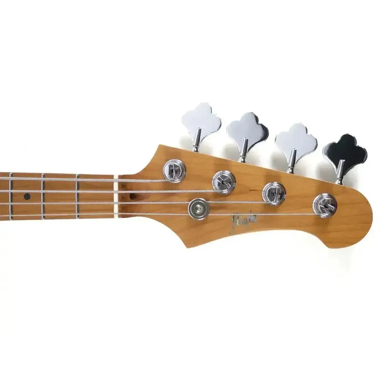 Flight JB MB Moonburst mini bass headstock with roasted maple neck, chrome tuners, and logo.